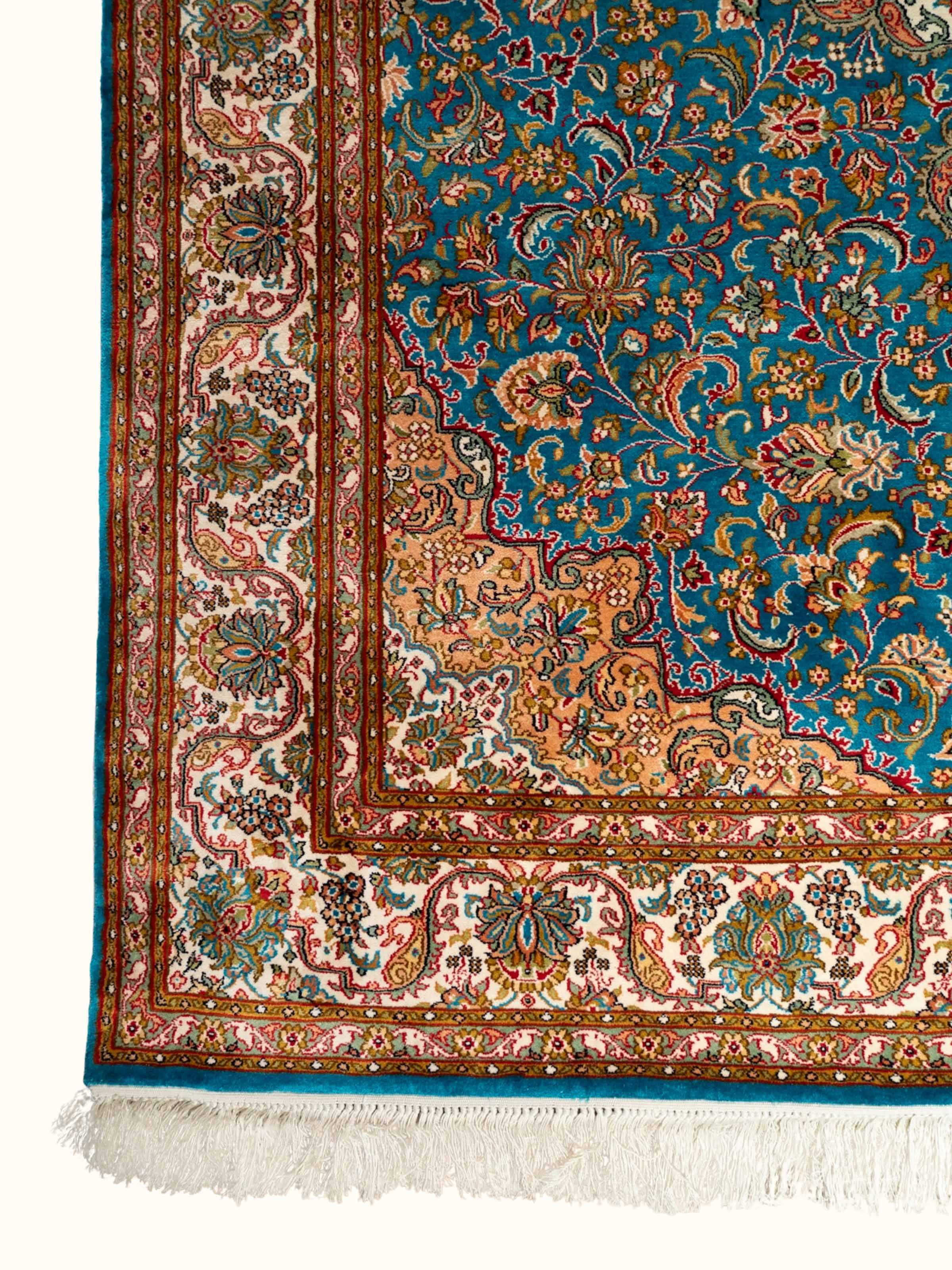Traditional Persian Blue Kashan Kashmir Silk Hand-Knotted Carpet