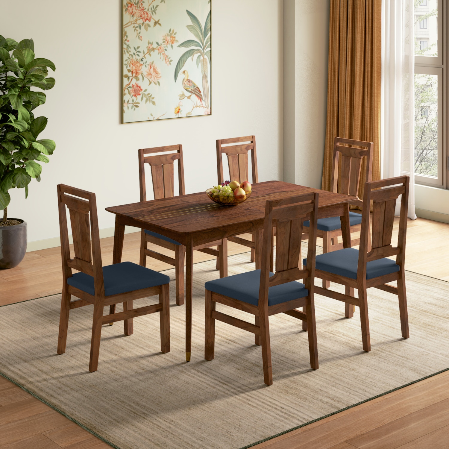 Saar Teak Wood Compact Dining Table 6 Seater with 6 Tessa Dining Chairs (Finish: Espresso Teak, Colour: Lapis Blue)