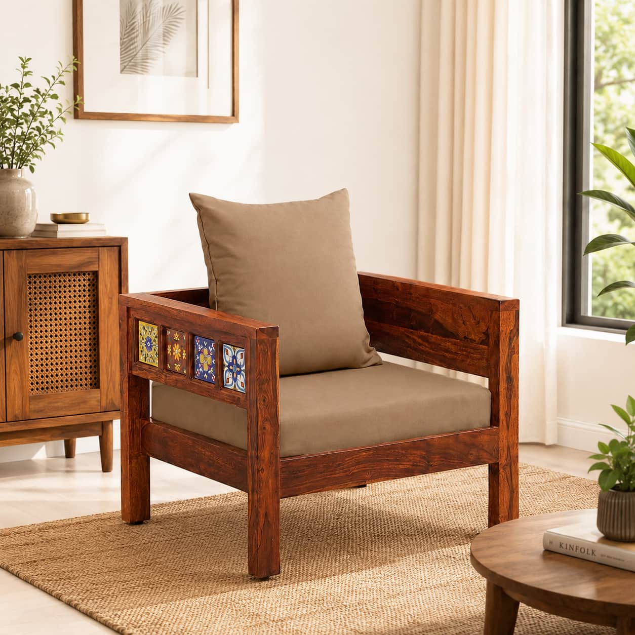 Rangrez Sheesham Wood 1 Seater Sofa in Honey Oak Finish with Beige Cushion - Woodenmood