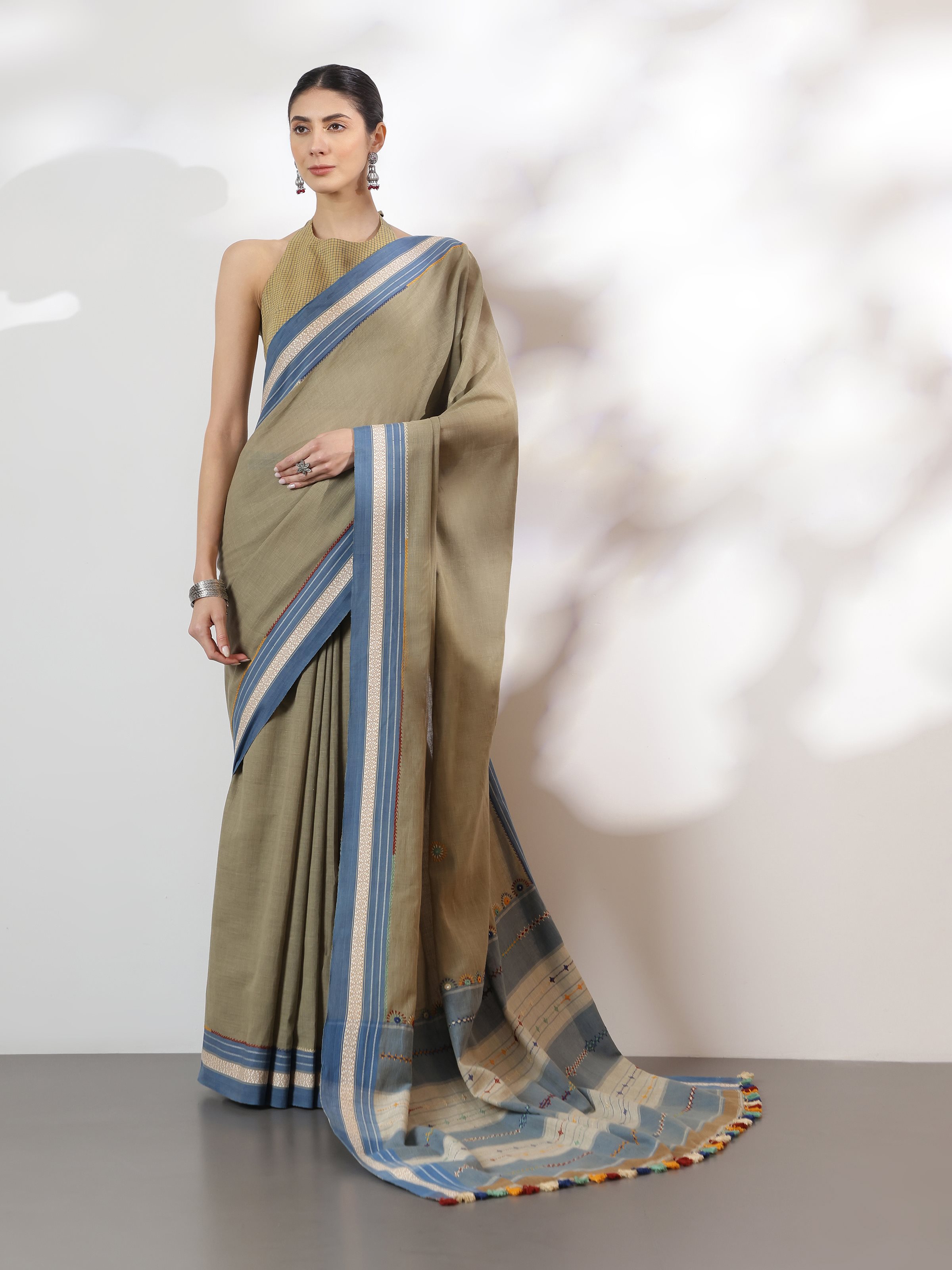 Olive Natural Dyed Cotton Lambani Embroidered Saree