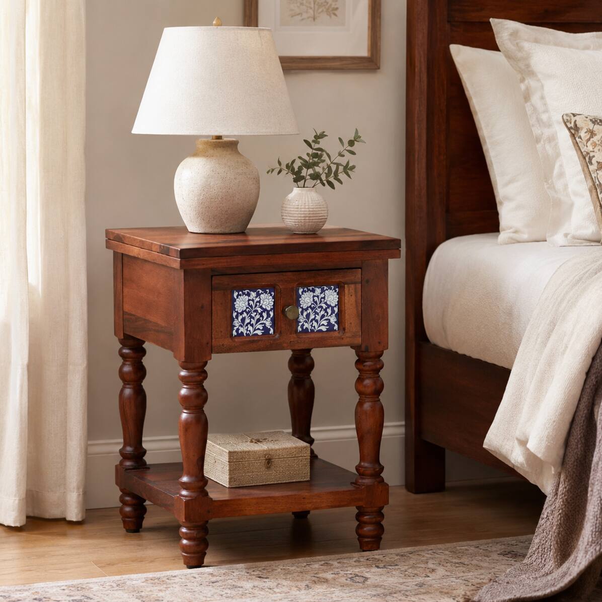 Nilaya Sheesham Wood Bedside Table in Honey Oak Finish with Drawer - Woodenmood