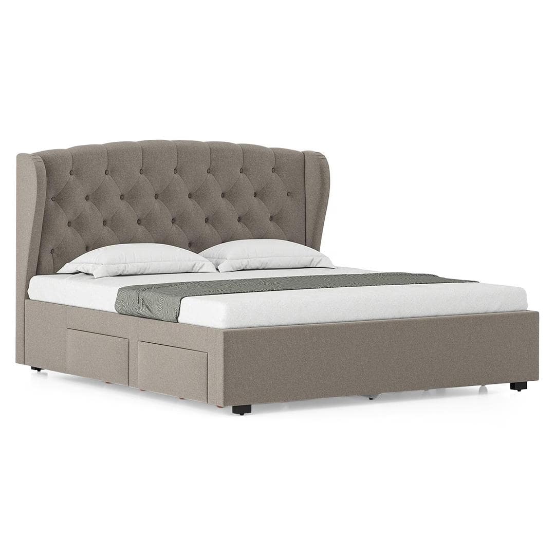 Holmebrook Engineered Wood King Size Drawer Storage Upholstered Bed In Shitake Beige Colour