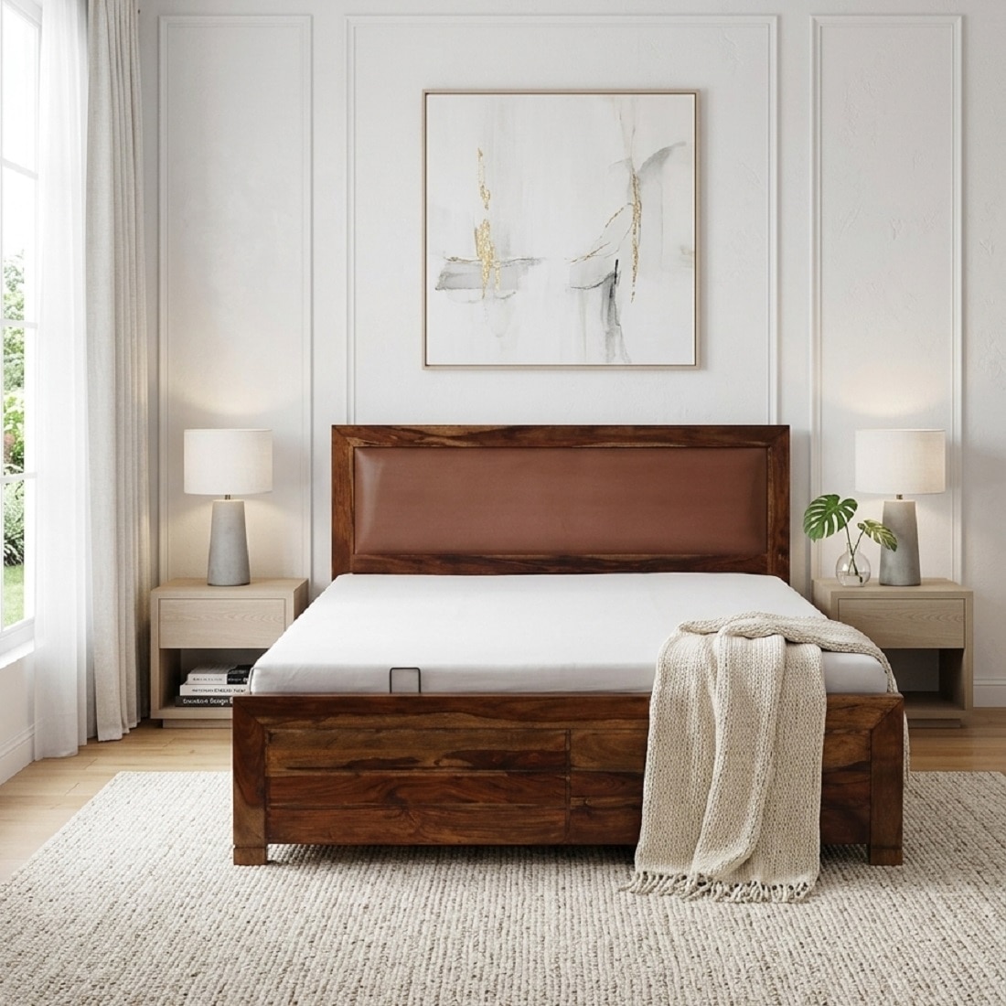 Devora Hydraulic Solid Wood Bed King Size in Provincial Teak Finish - Demiwall