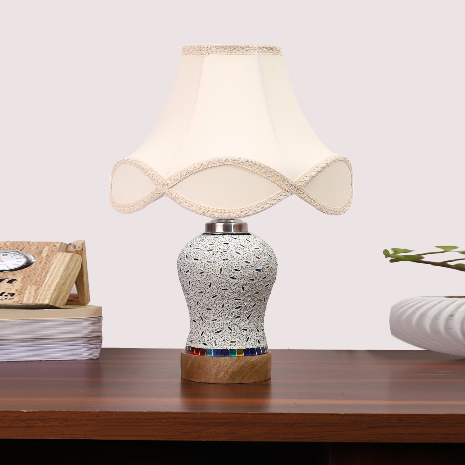 Devansh Off-White Vintage  Cotton Shade Lamp With Wood & Mosaic Glass Base For Decoration/Office/Home/Gifting/Study For Decoration/Office/Home/Gifting/Study - Devansh