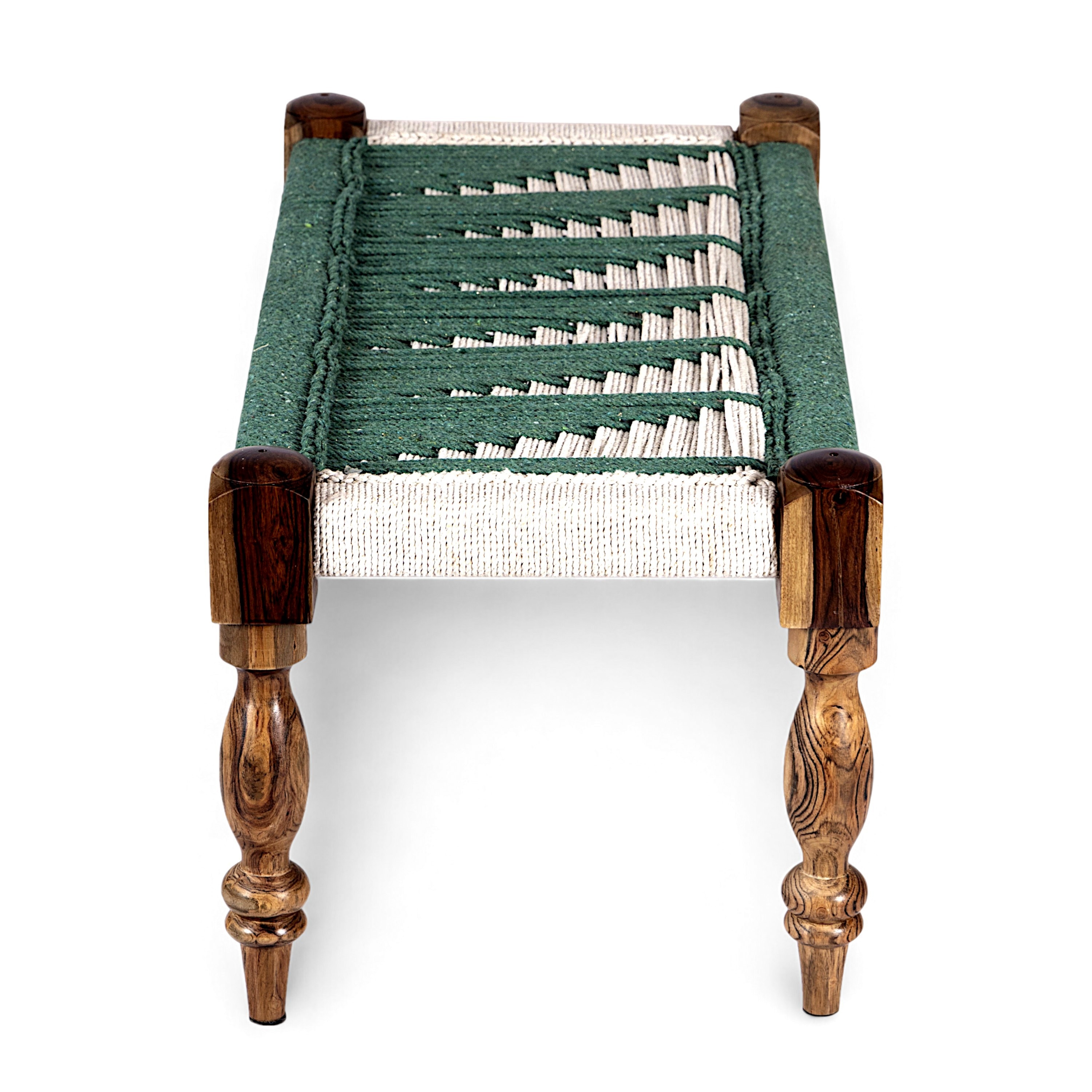 Oakville Sheesham Wood 2 Seater Maachi Bench In Green & White Rope Canning