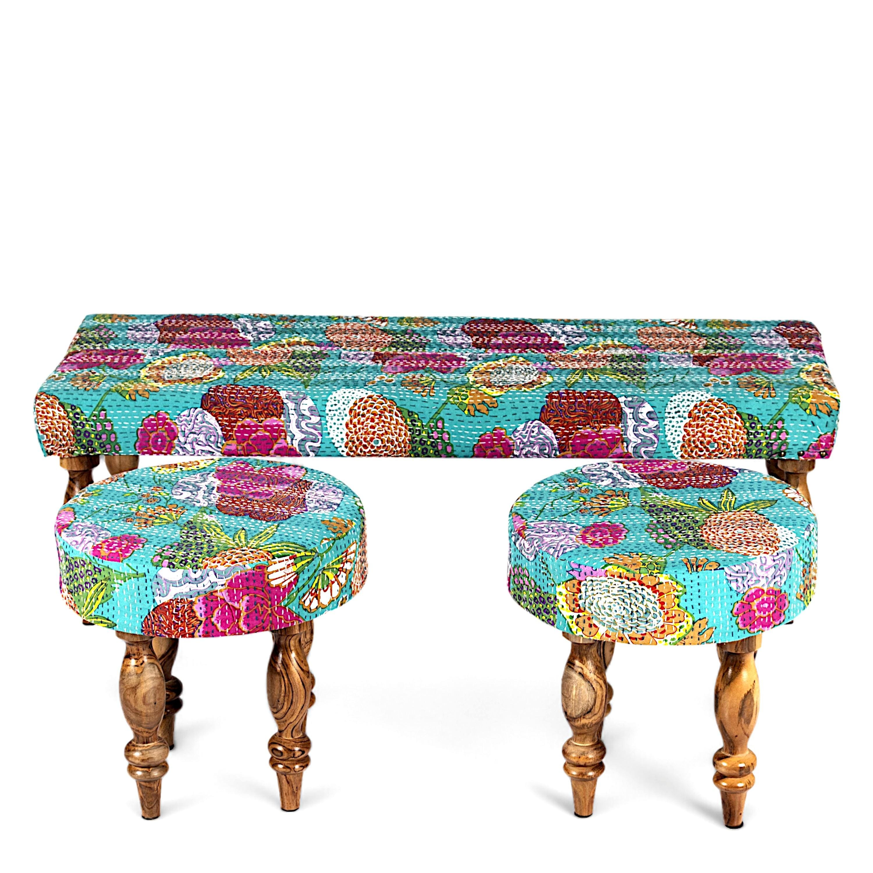 Cairo Sheesham Wood Mid Century Seater Bench Set With 2 Stools In Sea Green Fruit