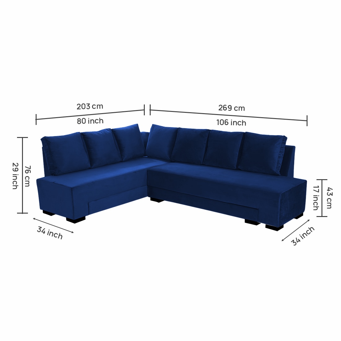 Melo 3 Seater Left Sectional Velvet Sofa Cum Bed in Navy Blue colour