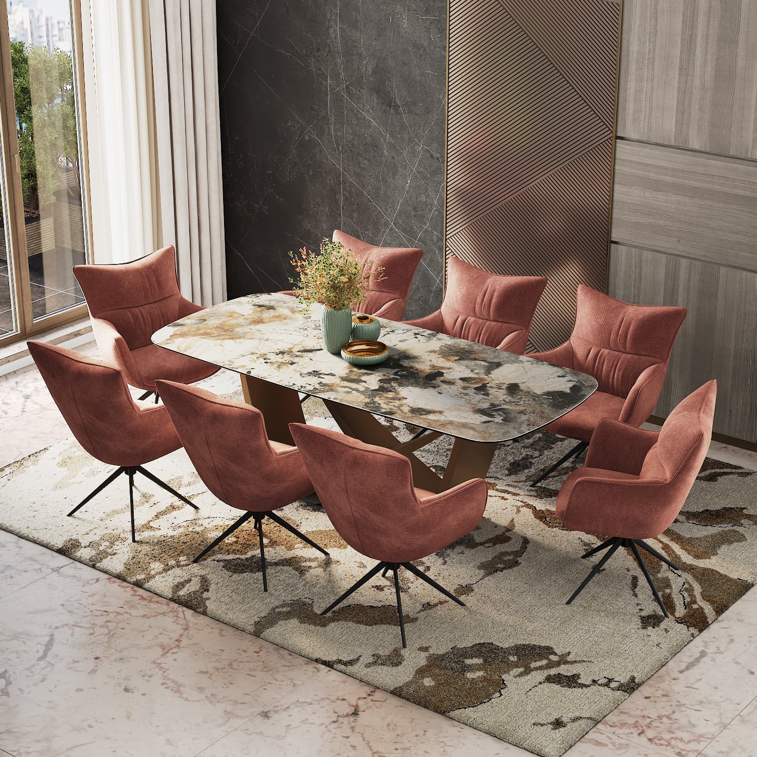 Paloma 8 Seater Spanish Ceramic Dining Table With 8 Beck Dining Chairs (Finish : Spanish Ceramic, Chair Colour : Wine)