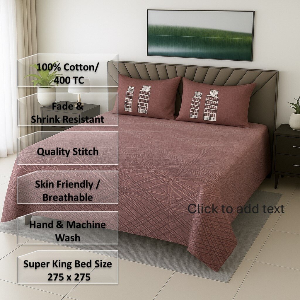 Multicolor Voilet Shade Abstract 400 TC Cotton Flat Super King Size Bedsheet With 2 Pilllow Covers