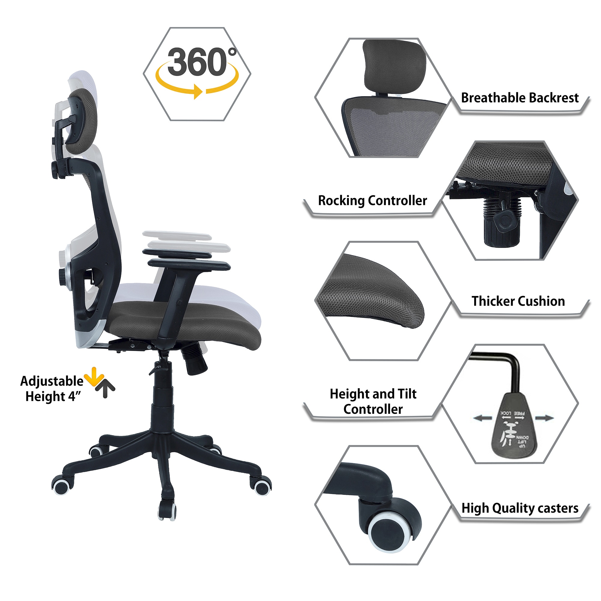 Dreaceo High Back Ergonomic Chair in Grey Colour