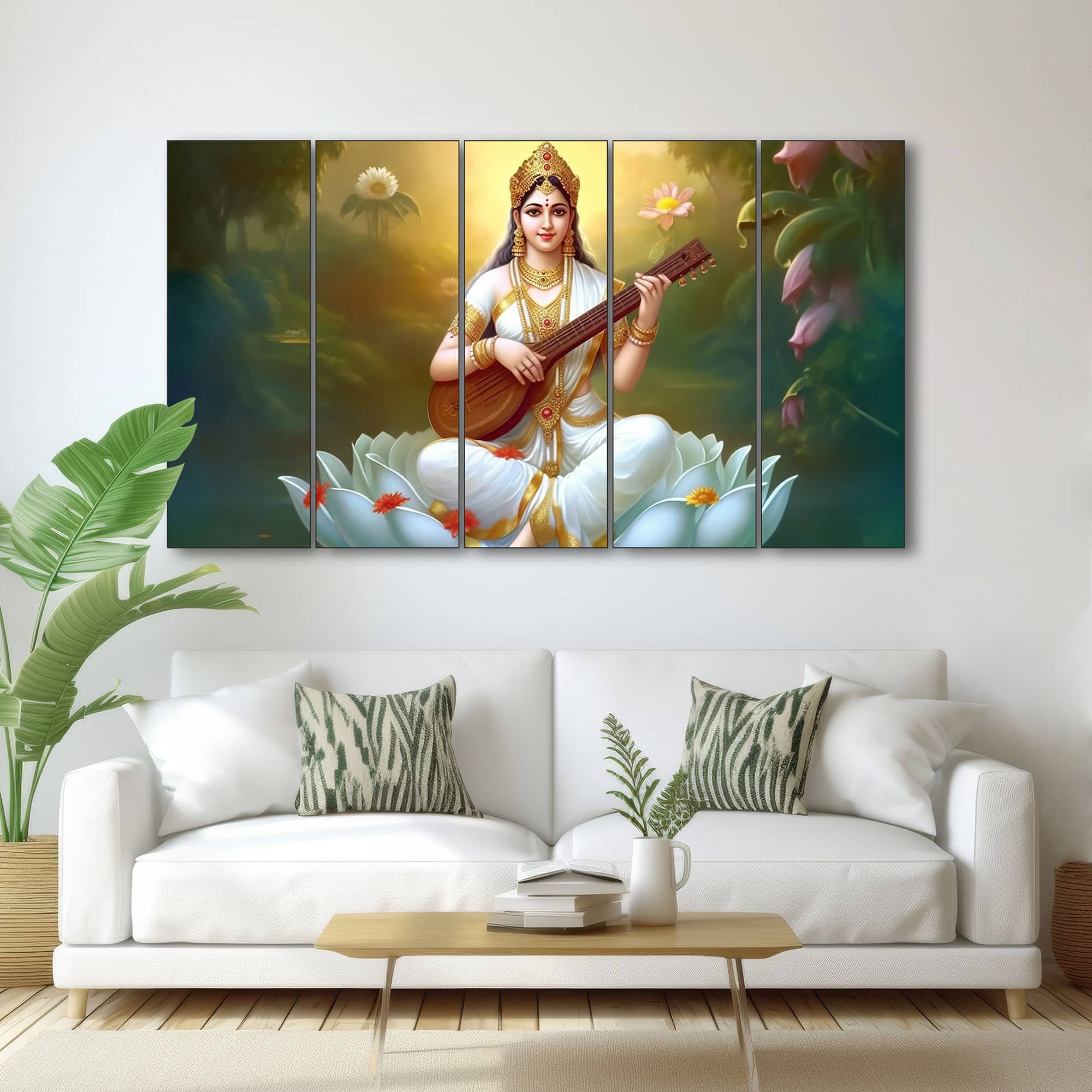 The Castle Decor Goddess Saraswati Wall Painting Wooden Framed 27x48 Inch (Style 3) - The Castle Decor