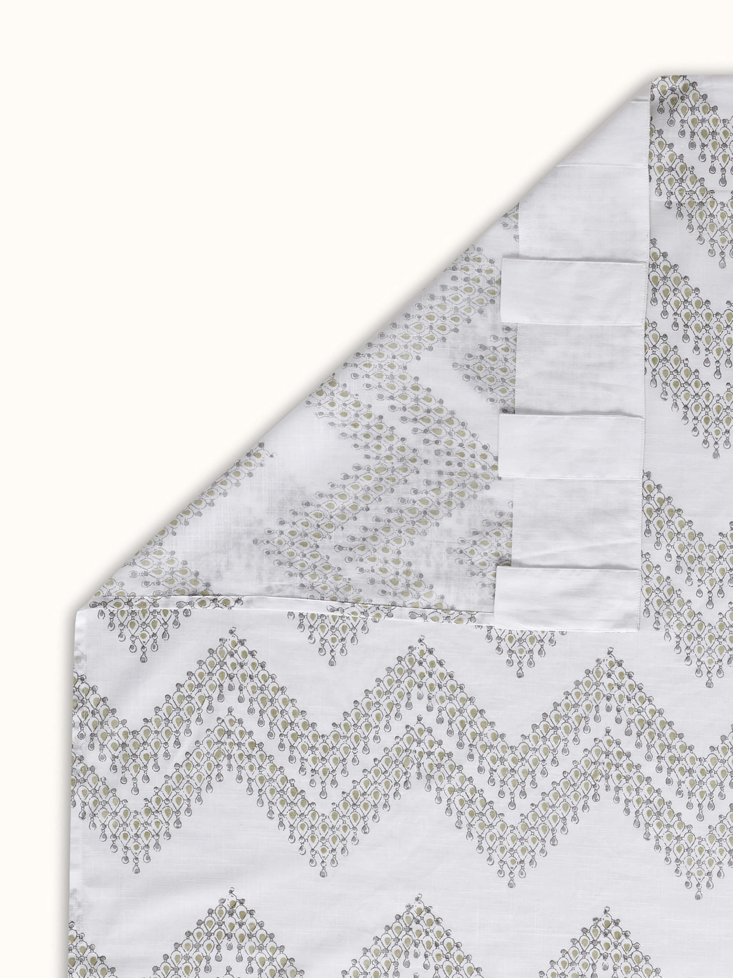 Rambagh Green Geo Chevron Cotton Sanganeri Hand Block Printed Curtain (9 Ft)