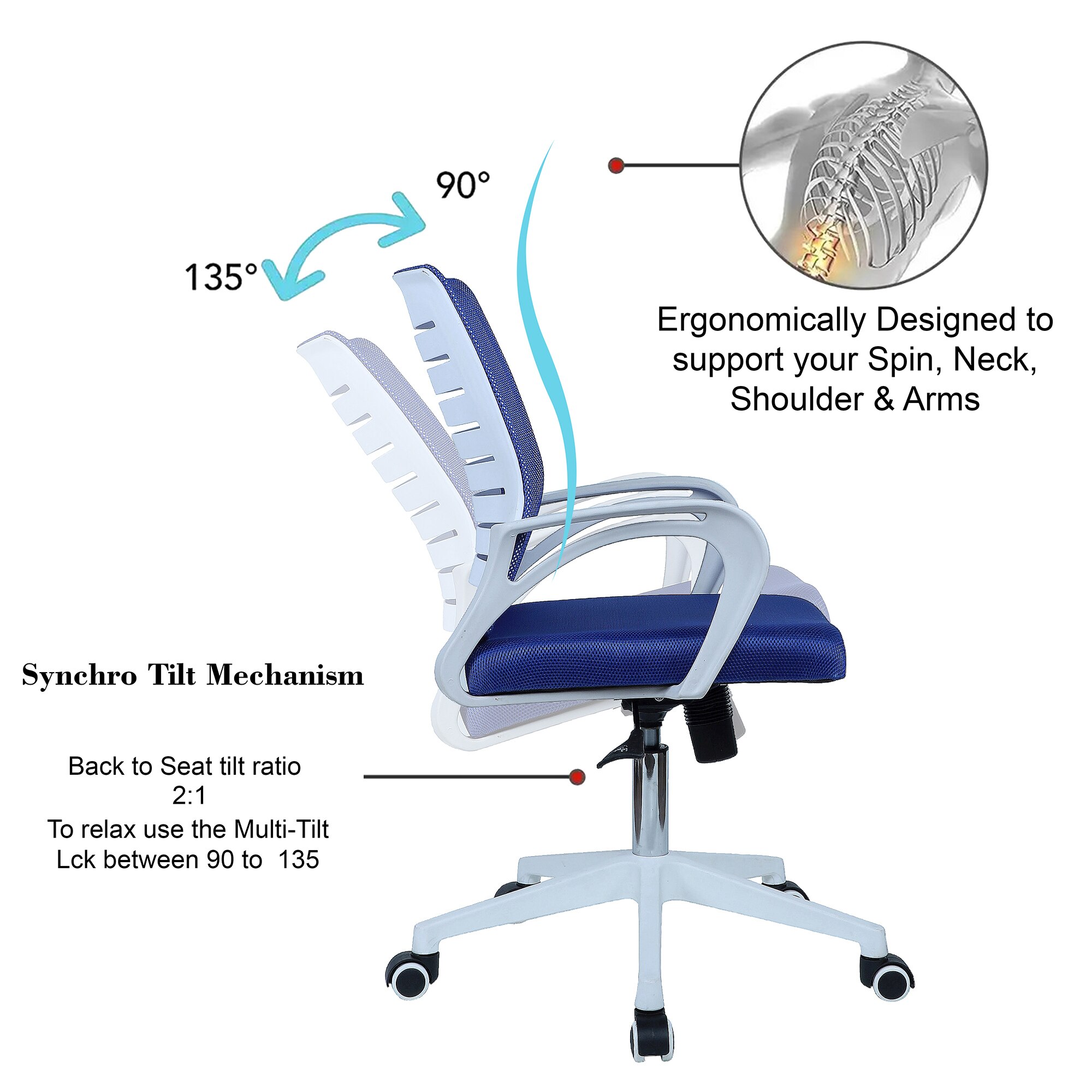 Mmarveal Mid Back Ergonomic Chair in Blue Colour