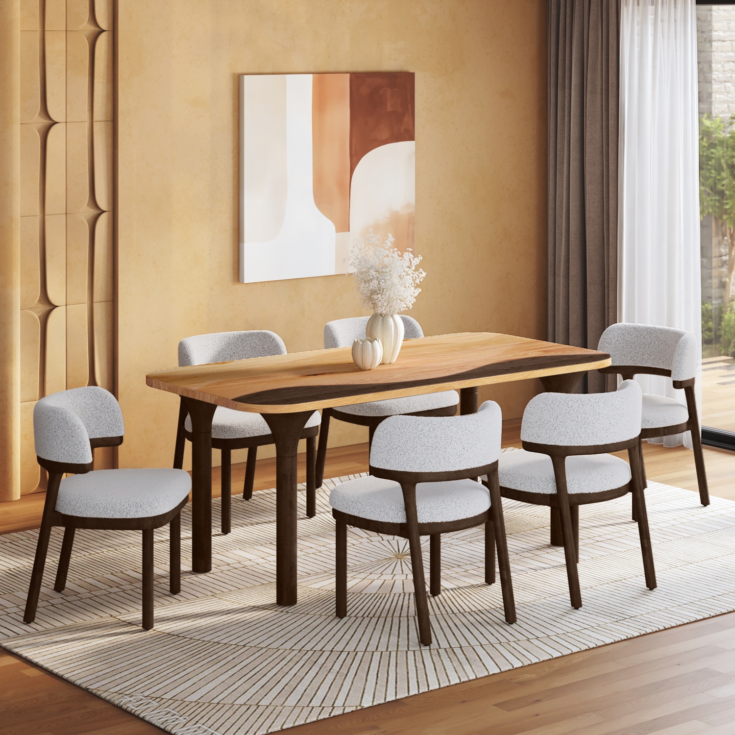 Dune Solid Oak Wood Dining Table With 6 Dune Solid Wood Dining Chairs in White Boucle