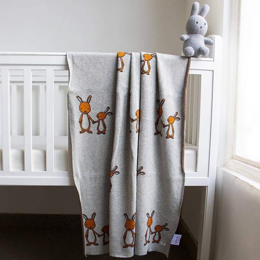 Mumma and Baby Bunny Design AC Blanket for Baby Girls / Baby Boys / New Born to 36 Month for use in All Season Light Grey Melange & Bright Orange Color (80 x 100 cm) (32" x 40" Inches)