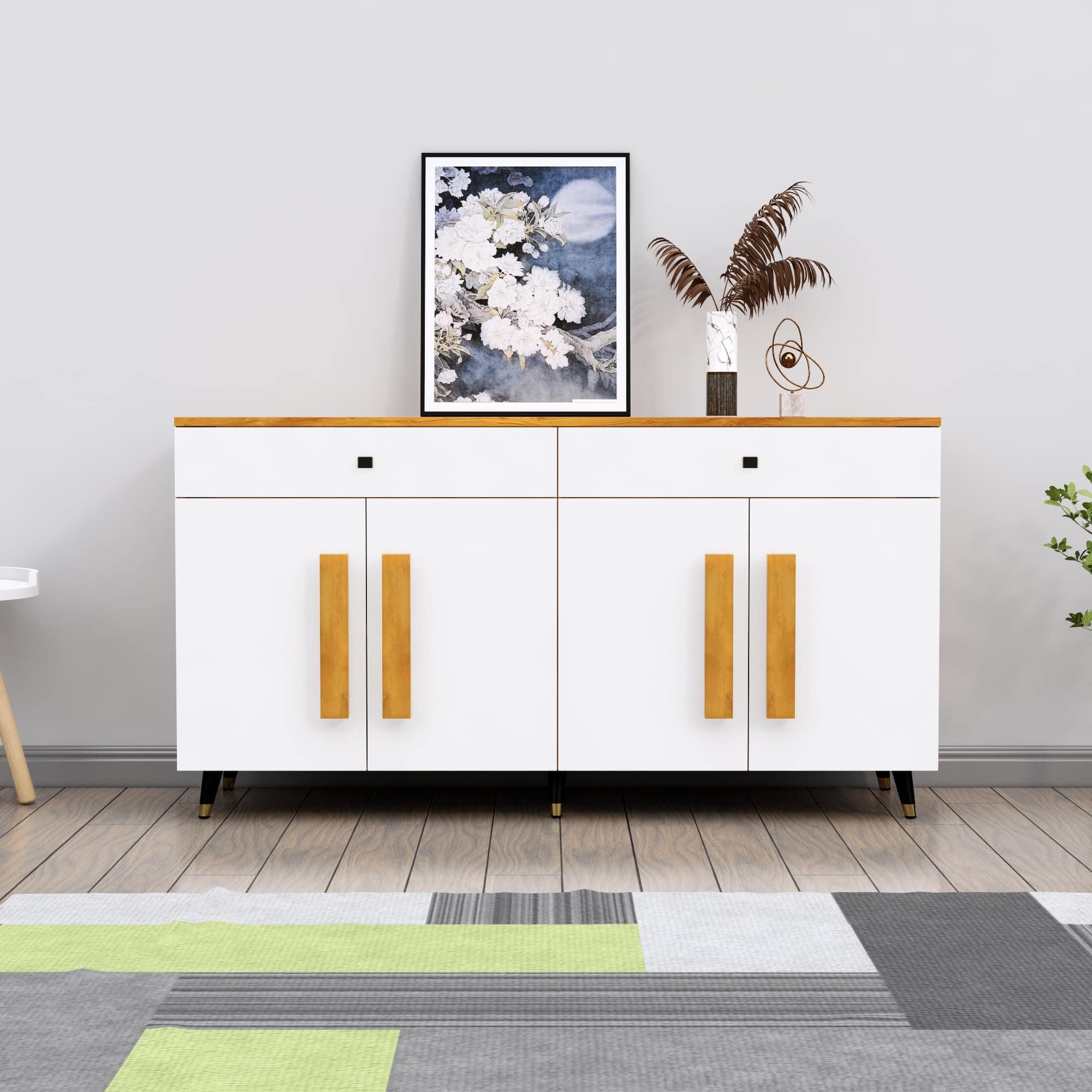 Hexa Red Multipurpose Storage Cabinet With 2 Drawer 4 Door in Giant Wood And Frosty White Colour - HexaRed