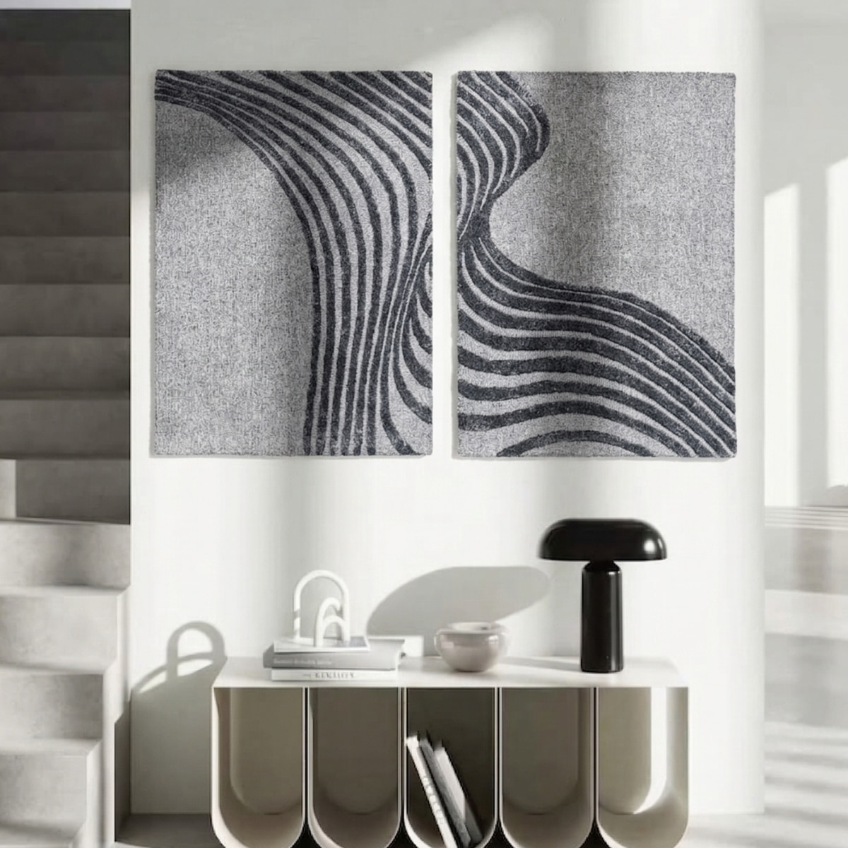 Abstract Gray Wave Wool Silk Wall Art 2 Panel Set 7 x 5 Feet - NEU LOOMS