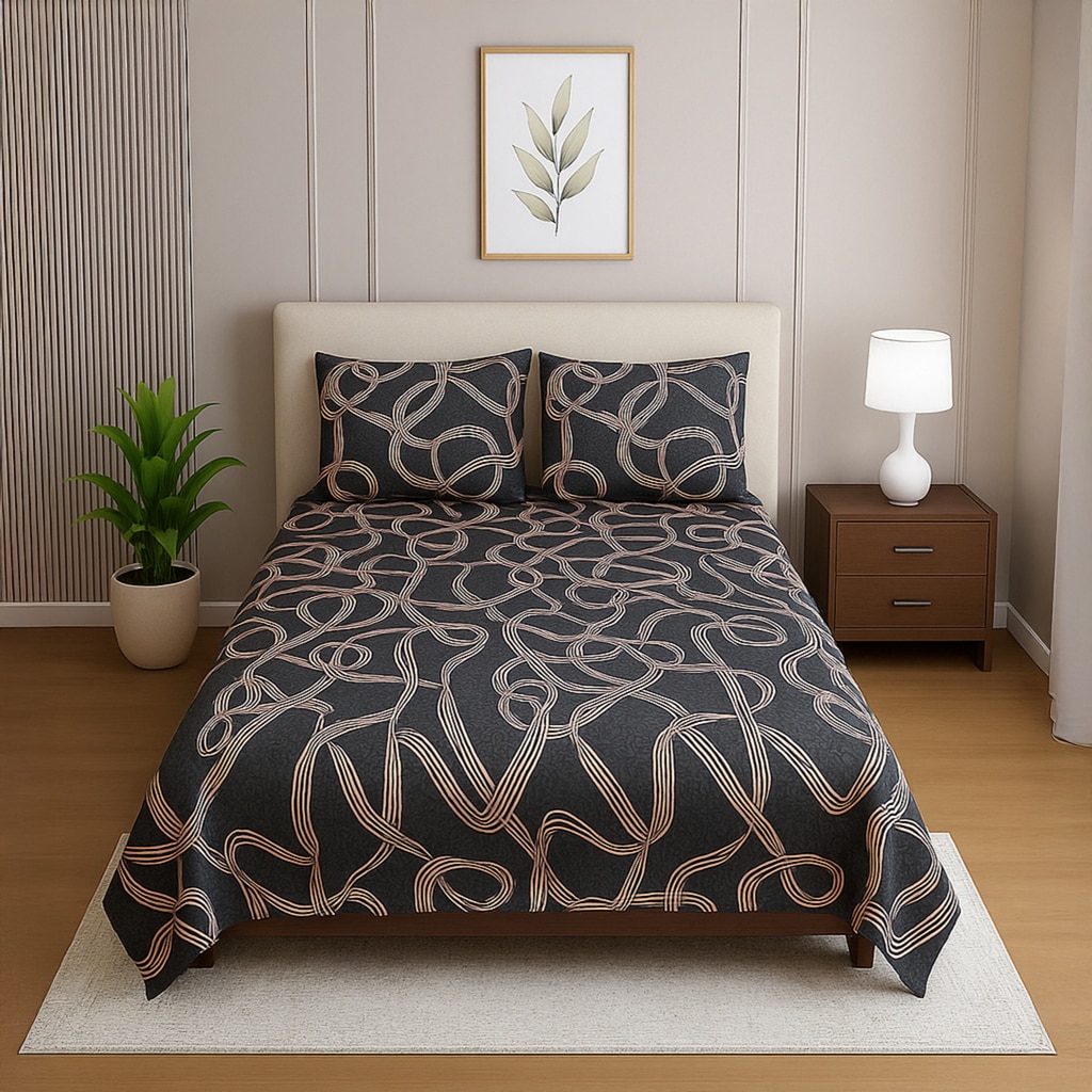 Dark Grey Abstract 210 TC Mix Cotton Flat Single Bed Size Bedsheet With 2 Pillow Cover From Threads-image-6