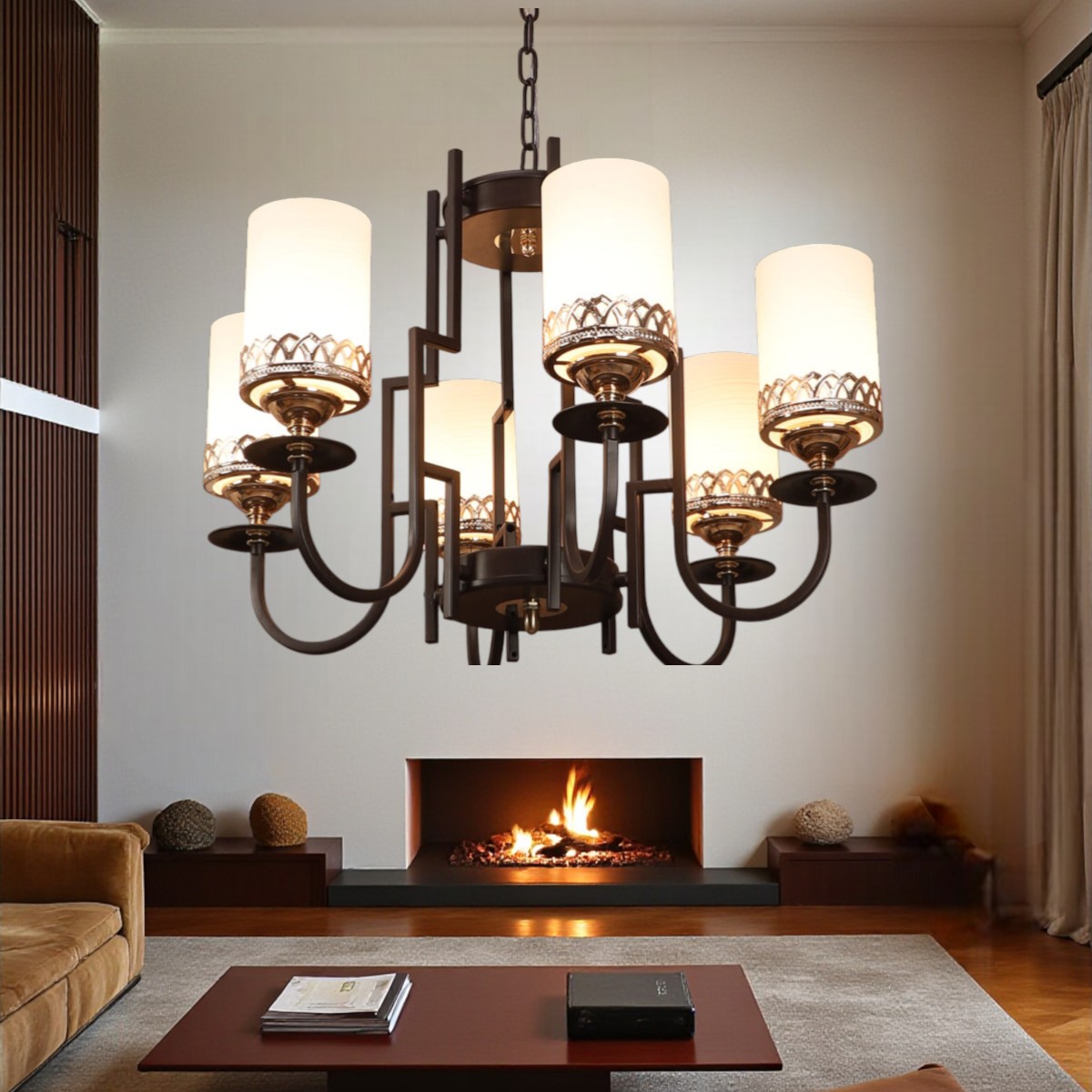 Eliante White Glass Chandelier, 6 Light, Mild Steel And Glass, Modern Hanging Ceiling Fixture