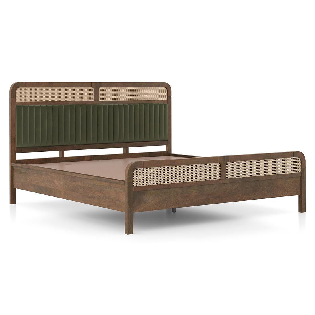 Hanoi Solid Wood Cane King Size Nonstorage Bed In Danish Walnut Finish Fabric Deep Olive