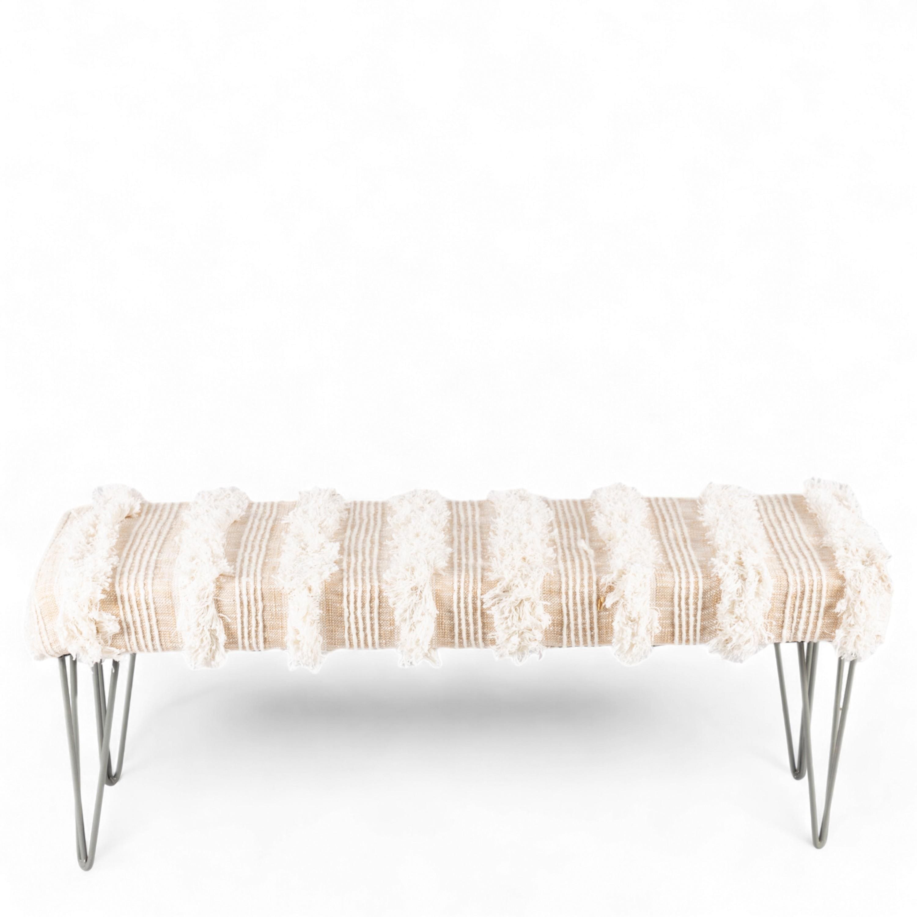 Belmont Sheesham Wood Mid Century 3 Seater Bench With Metal Legs In Beige Fabric