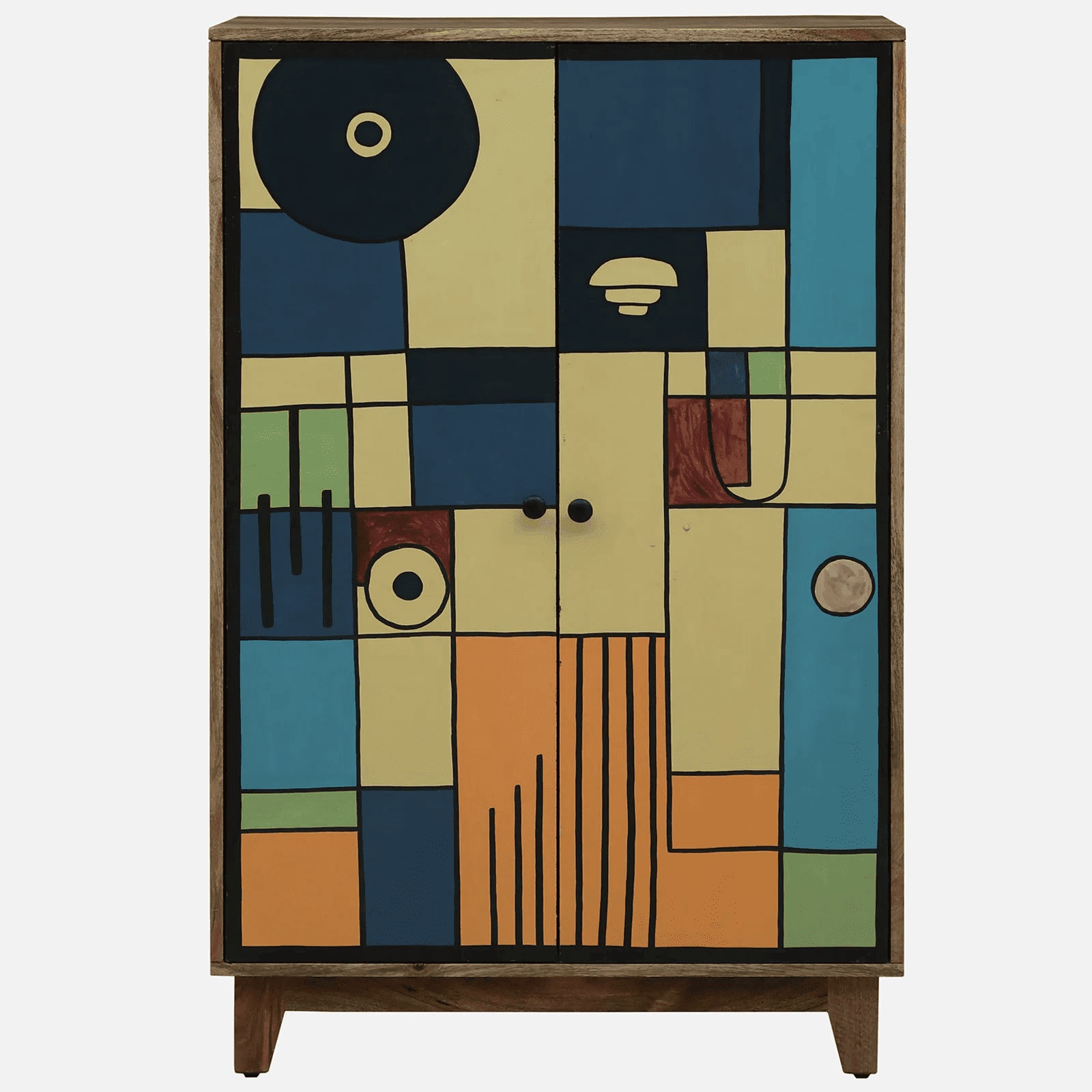 Olyn Mango Wood Handpainted Multicolour 2 Door Tall Cabinet In Natural Finish