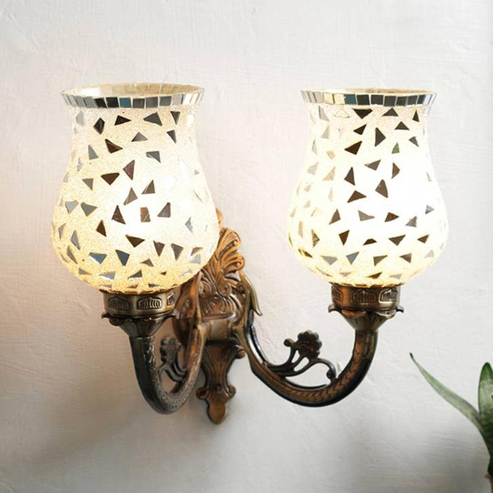 Riley Antique Metal Double Wall Mounted Lamp with Multicolor Mosaic Glass