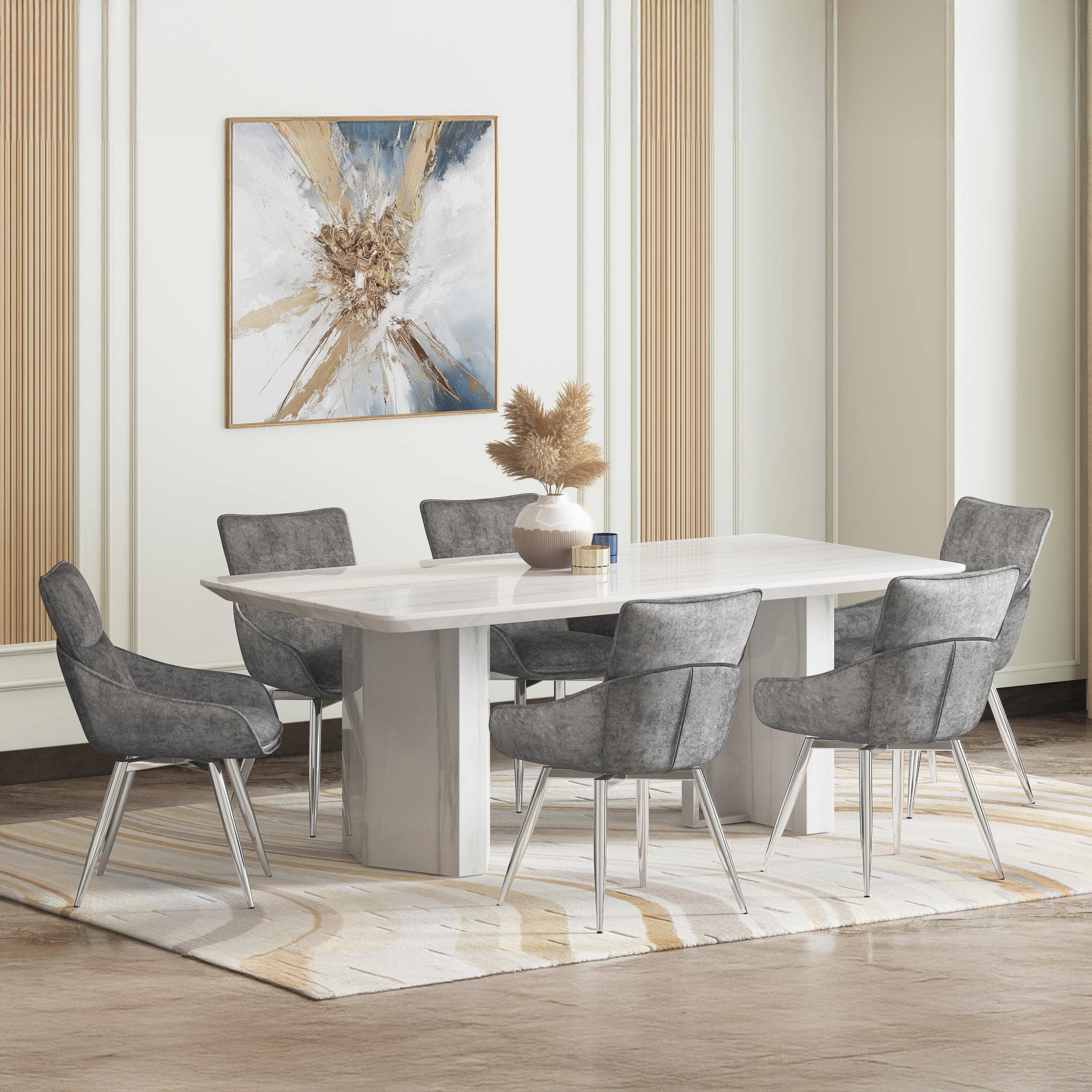 Nova Faux Marble 6 Seater Dining Table With Set Of 6 Megan Swivel Dining Chairs