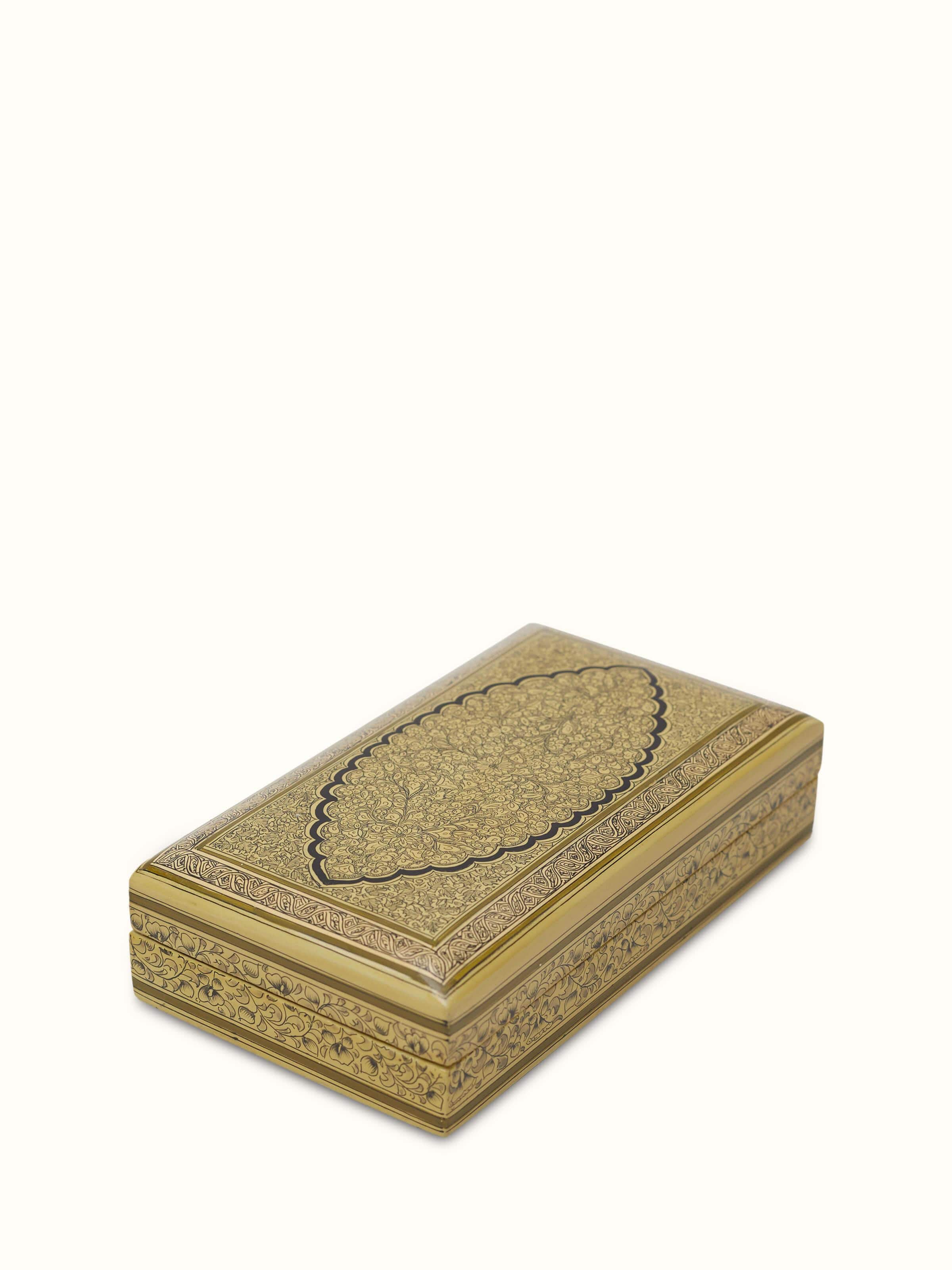 Close-up of Golden Papier Mache Paper Pulp Trinket Box capturing the textured finish and golden hue