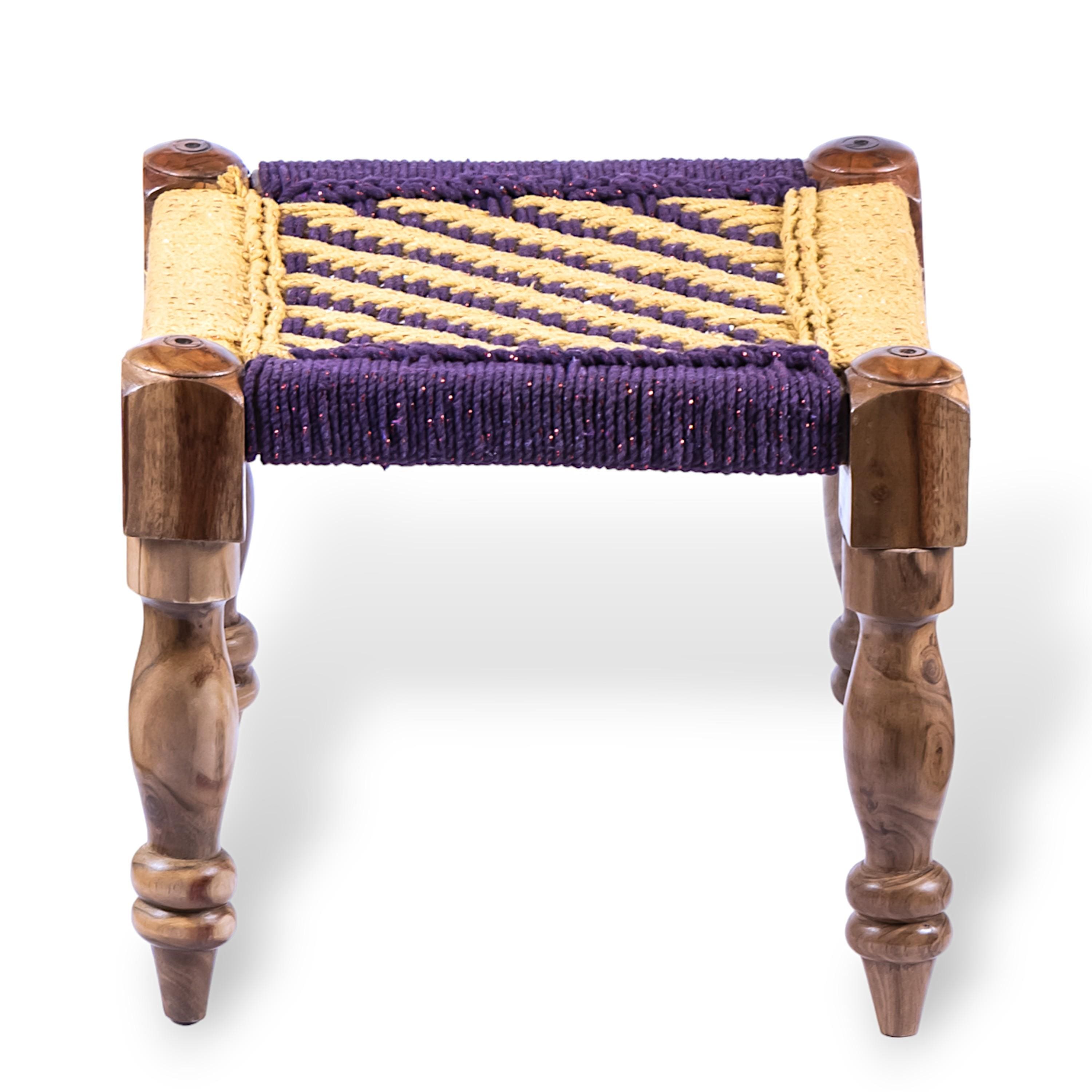 Hamilton Solid Wood Maachi Bench set with 2 Stools in Purple & Yellow Canning