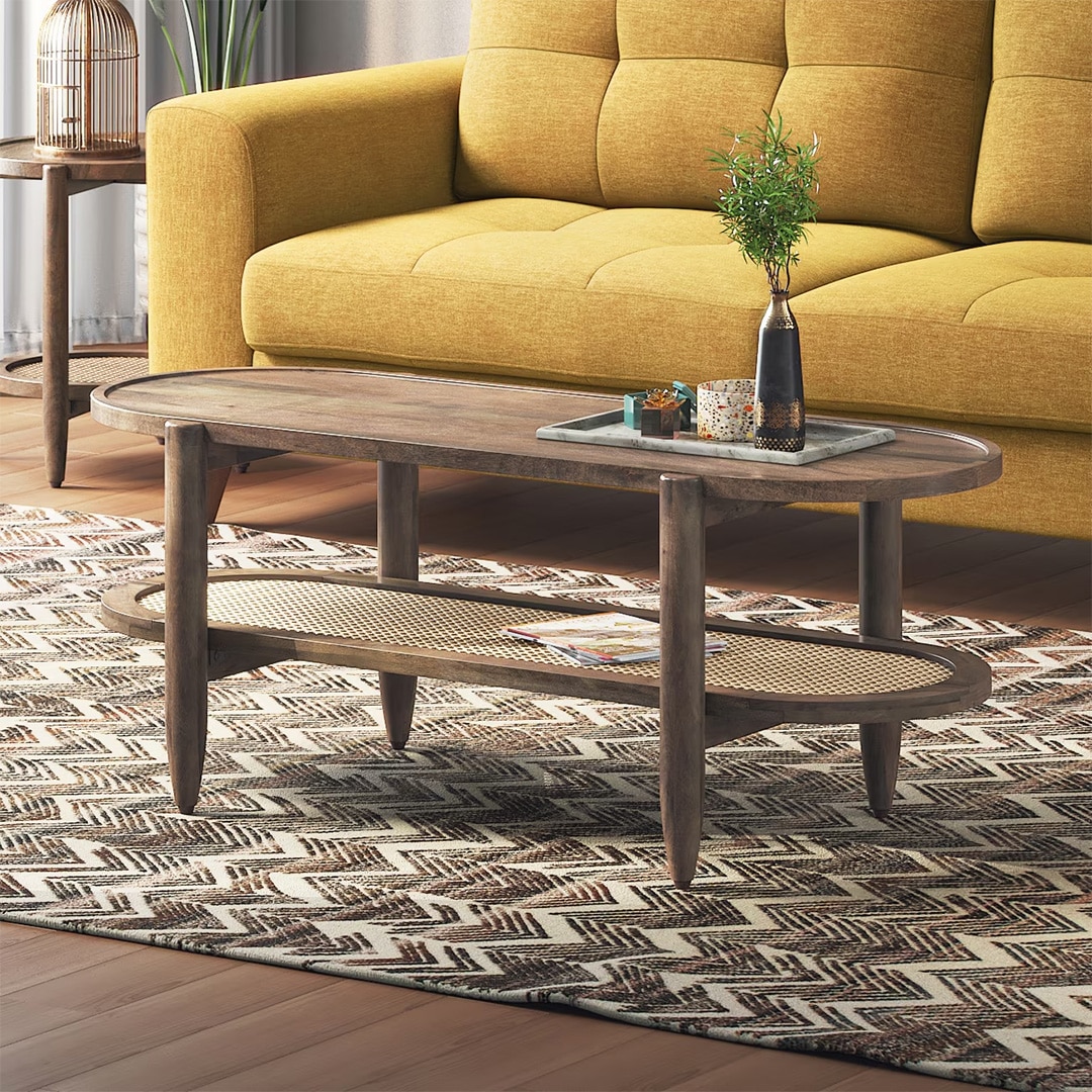 Tora Solid Wood And Cane Coffee Table In Danish Walnut Finish