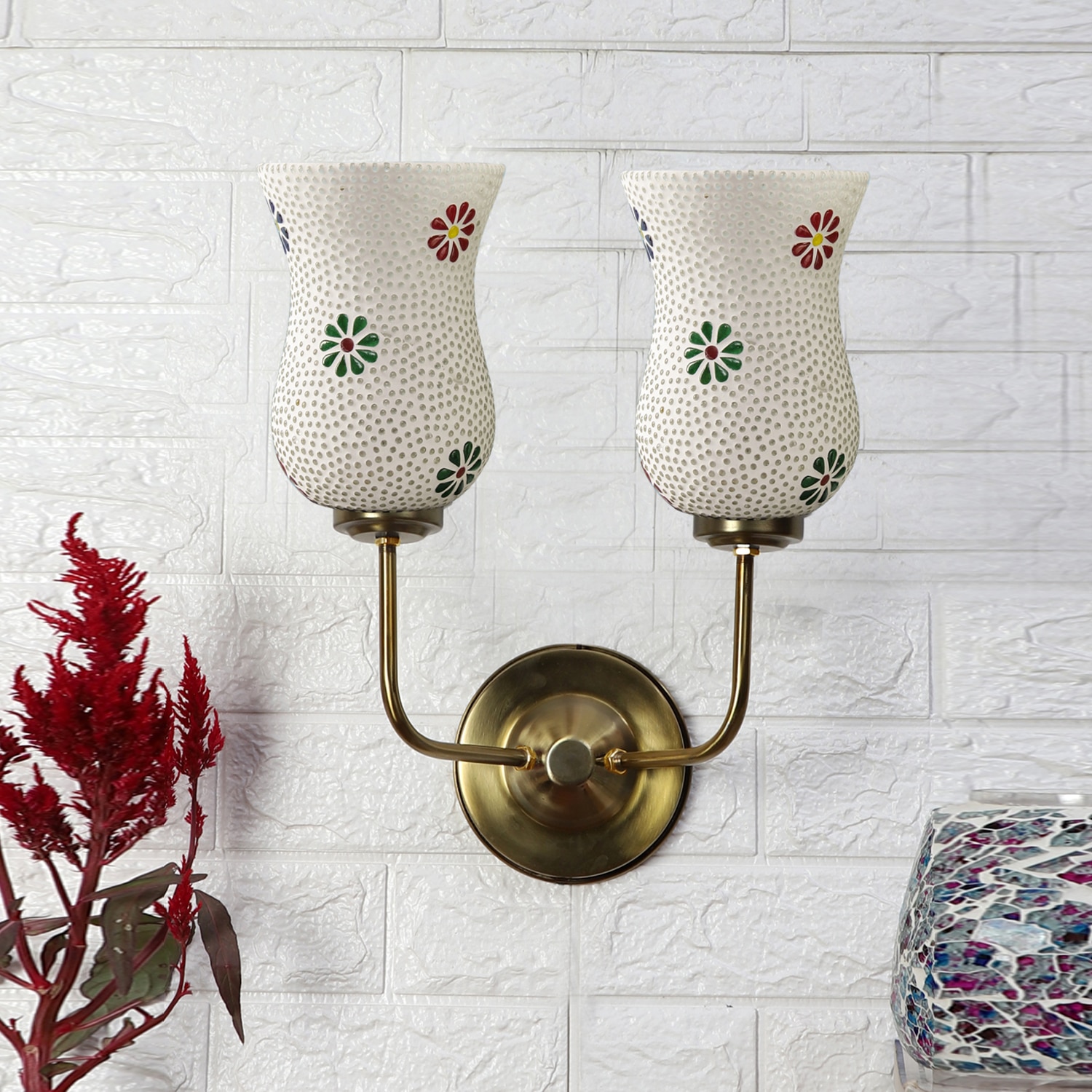 Devansh Metal Electric Wall Light in Gold Colour with Multicolor Shade Count of 2 Lights - Devansh