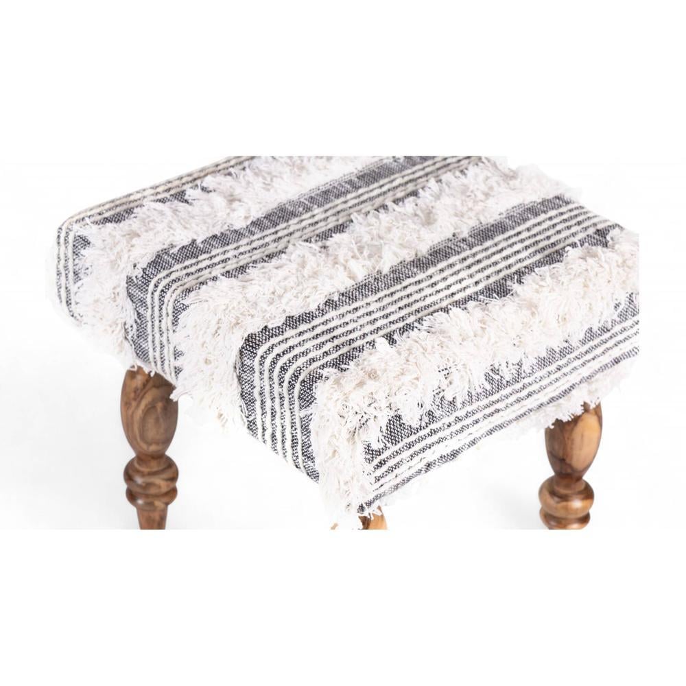 Lisbone Sheesham Wood Mid Century Square Set of 2 Stools in Grey Fabric   Fringes Upholstery