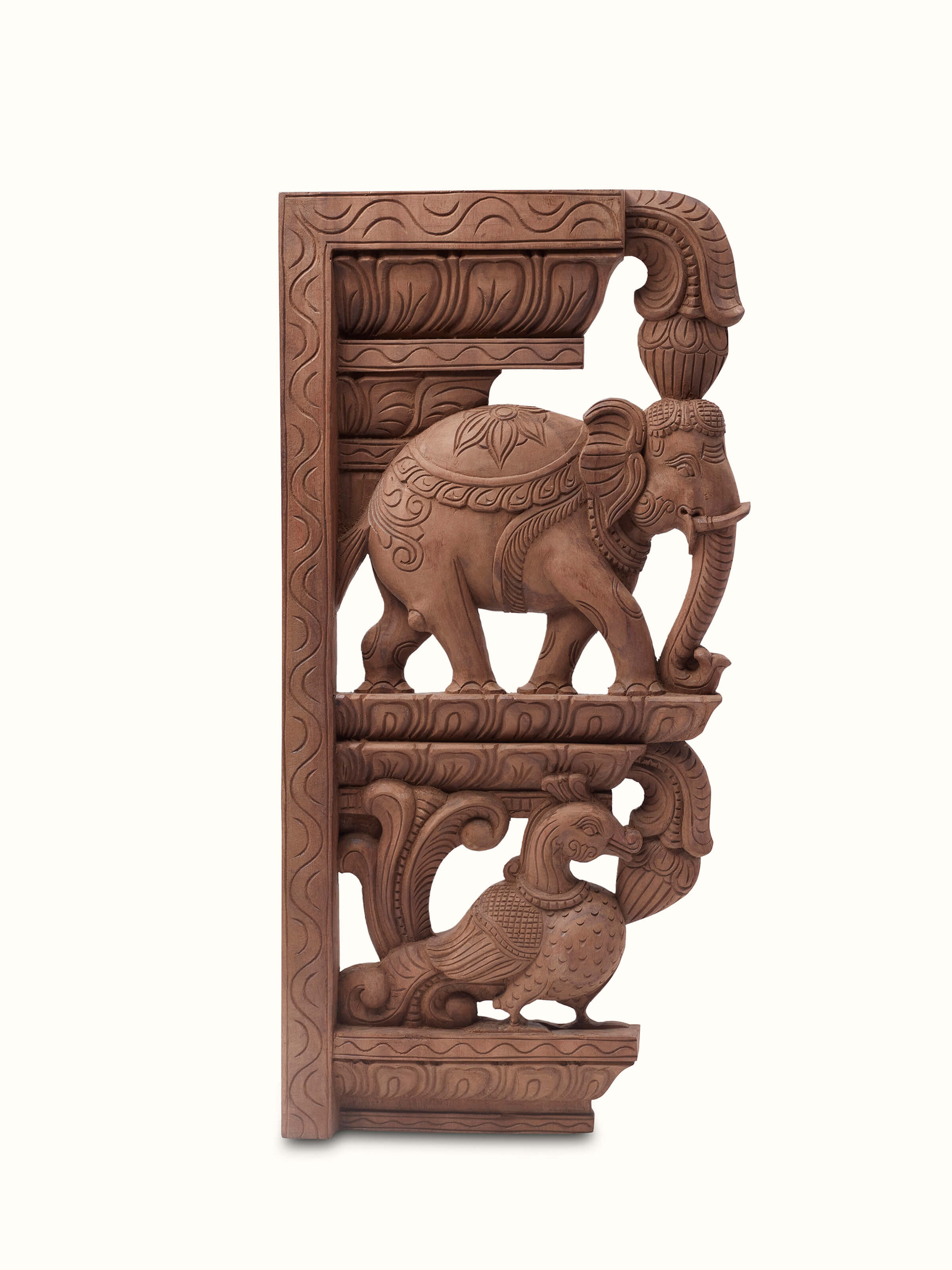 Another front view of Bapatla Carved Neem Wood Elephant Brackets Sculpture (2 pcs) showing the intricately carved elephants.
