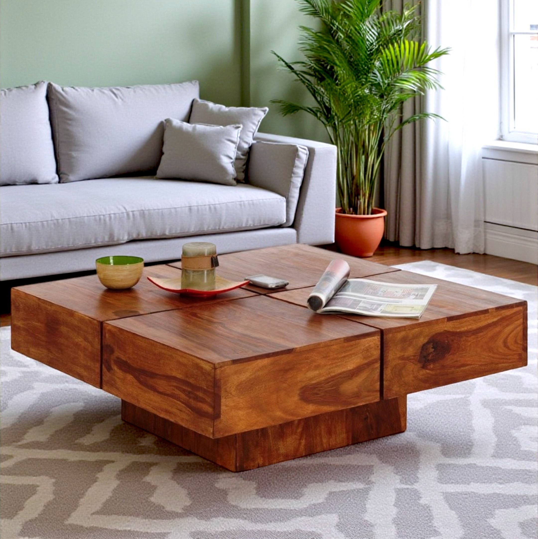Montreal Sheesham Wood Contemporary Square Coffee Table In Pine Finish