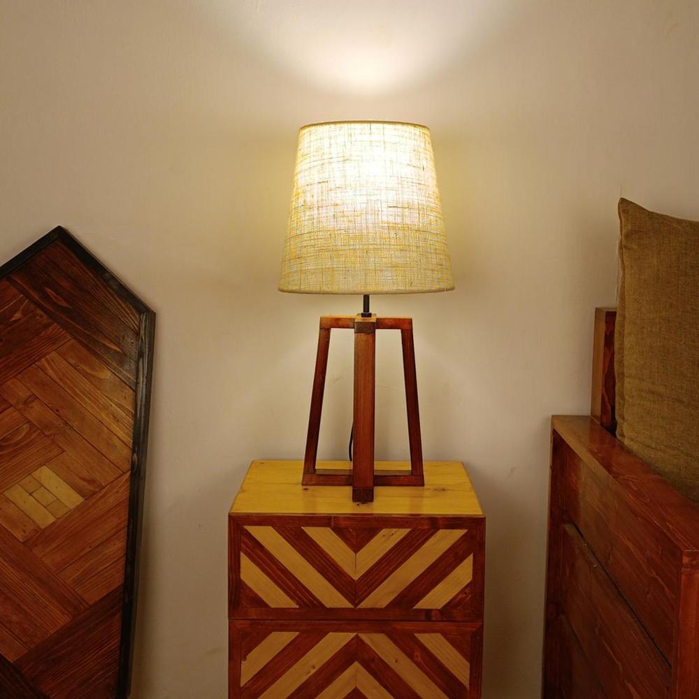 Blender Brown Wooden Table Lamp with White Fabric Lampshade
