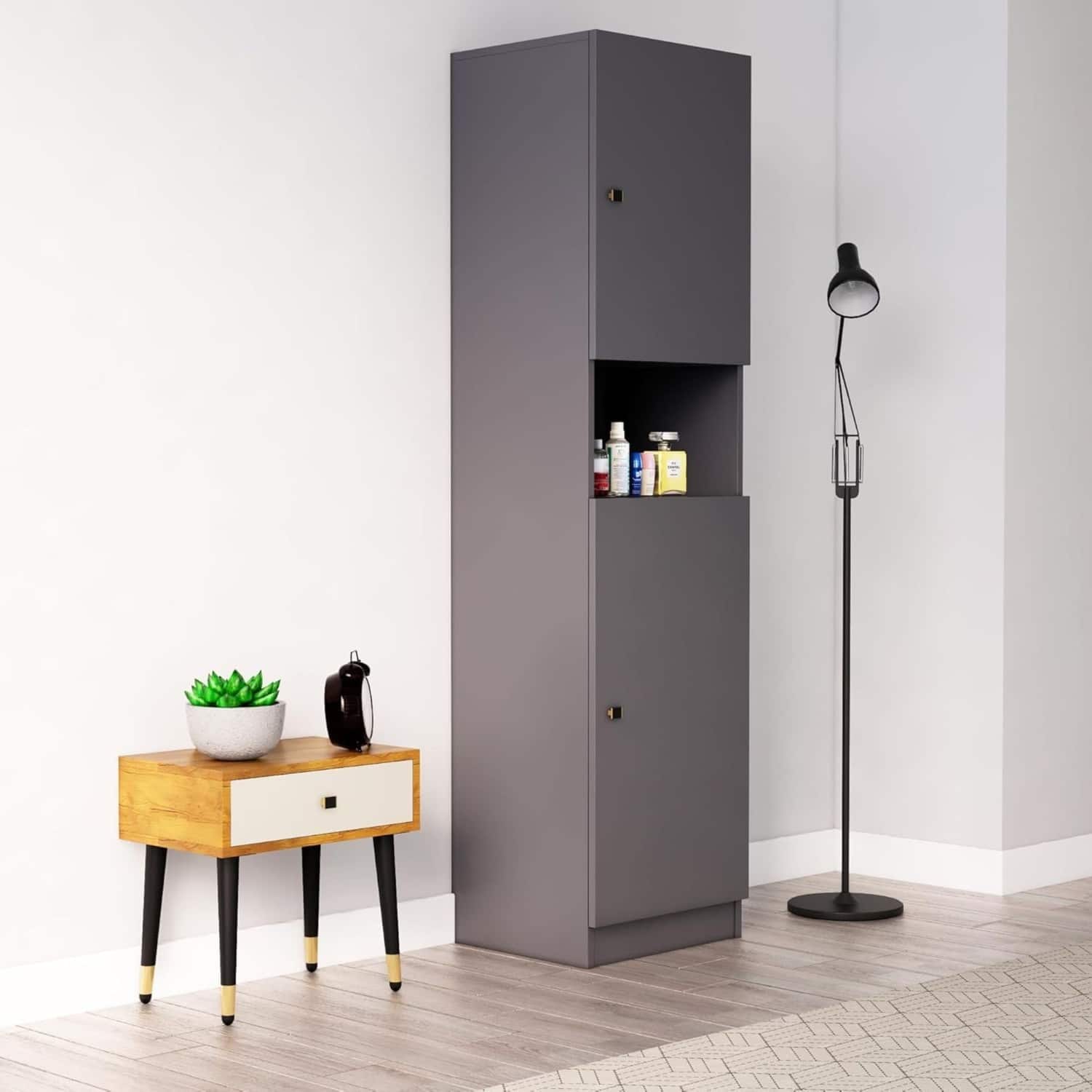 Hexa Red Wooden 2 Door Wardrobe with Hanging Space in Slate Grey Colour - HexaRed