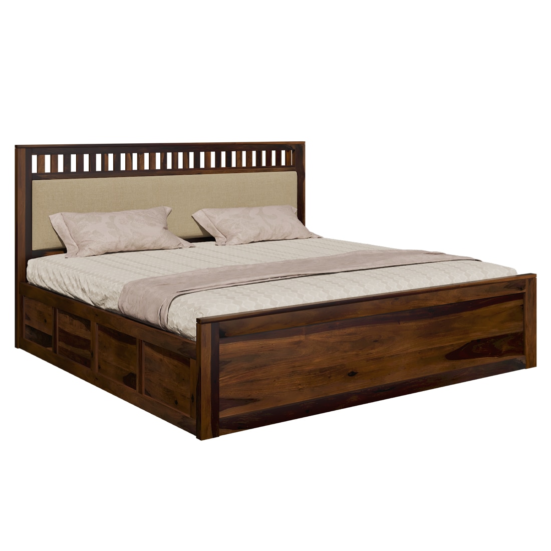 Vrinda Solid Wood Queen Size Bed In Hydraulic Storage Bed In Provincial Teak Finish