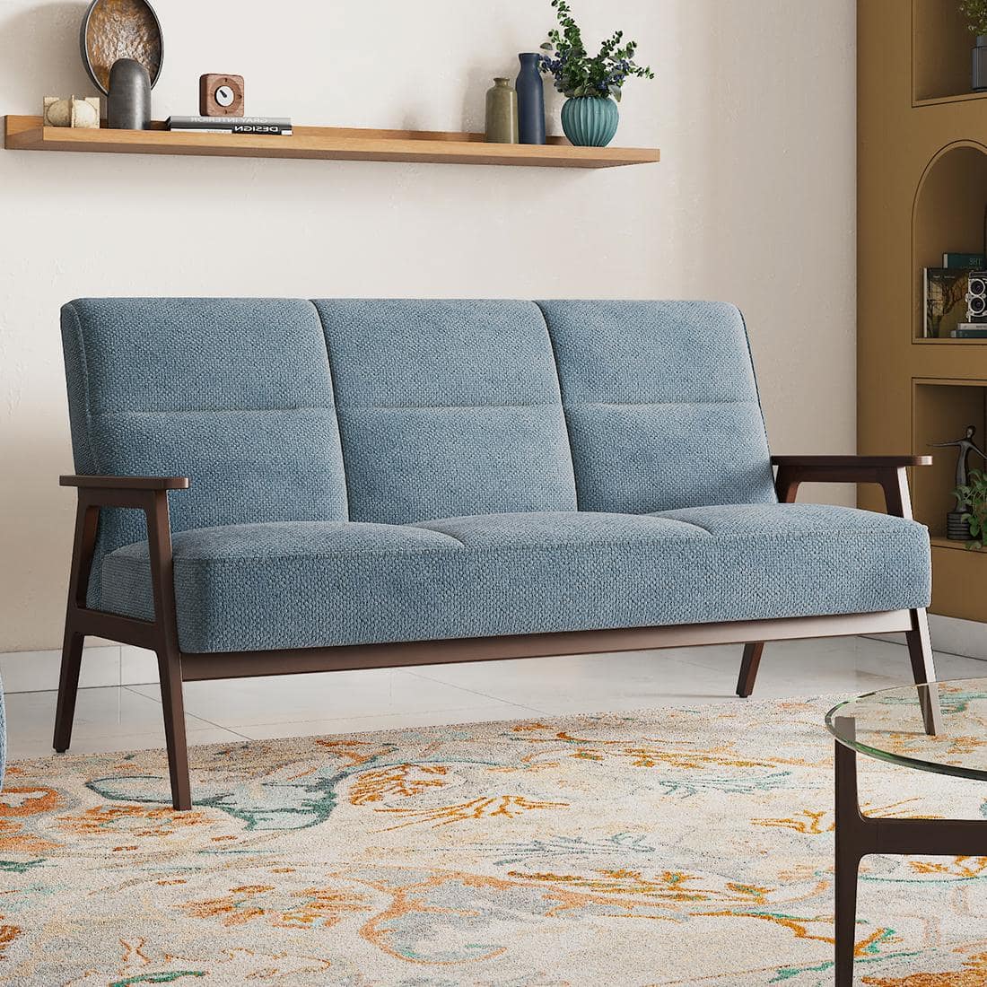 Logan 3 Seater Wooden Sofa in Blue Colour