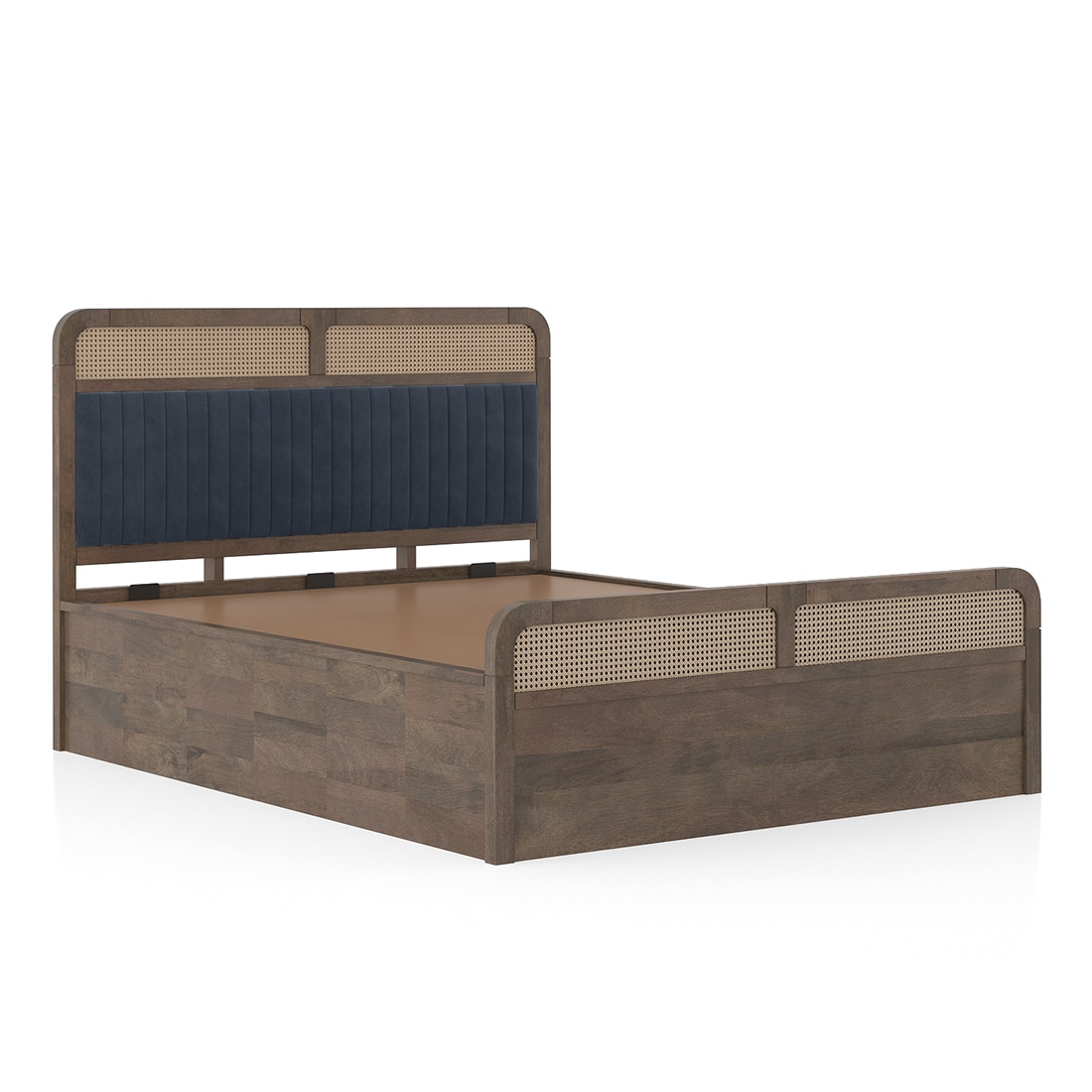 Hanoi Solid Wood Cane Queen Size Hydraulic Storage Bed In Danish Walnut Finish with Davos Plus Colour