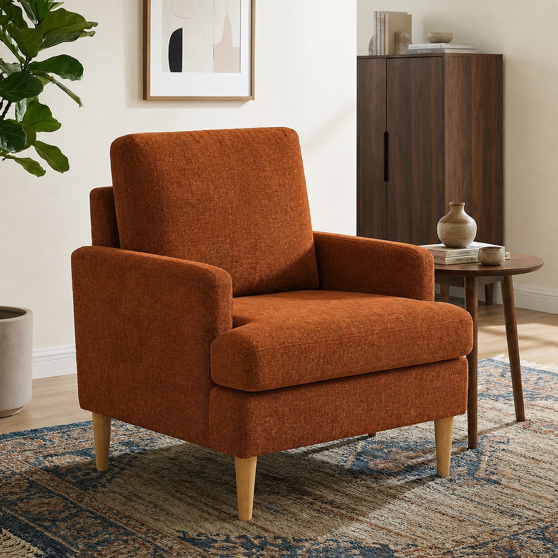 Oliver Boucle Fabric Lounge Chair in Orange Colour - KURSIWALLAH