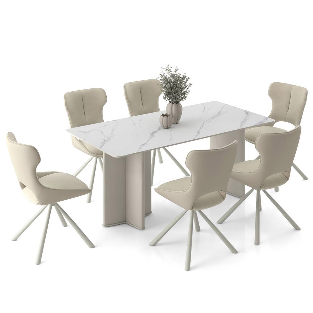 Rosen 6 Seater Chinese Dining Table With Set Of 6 Tulip Dining Chairs (Colour- Beige, Finish- White & Cream)