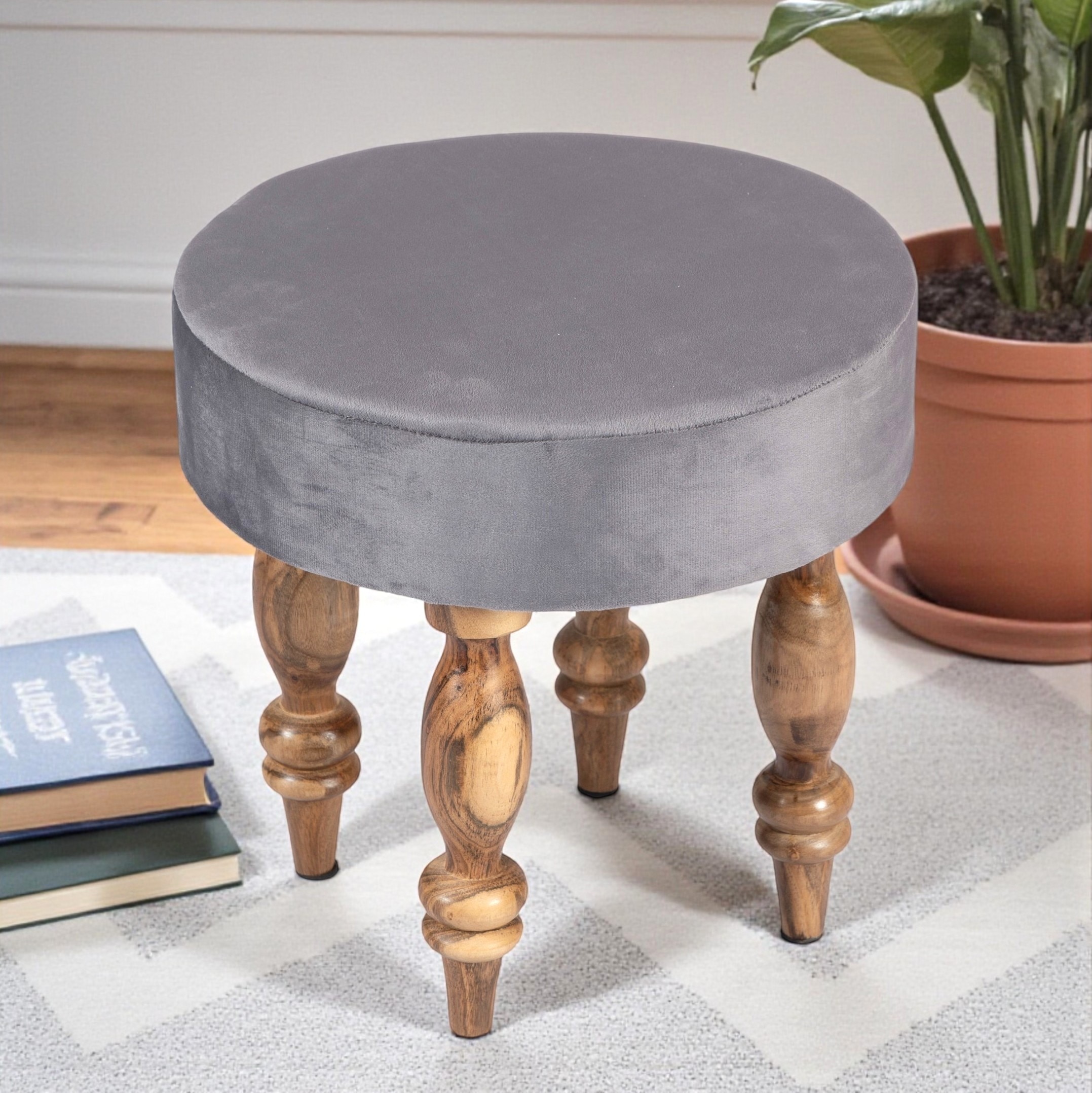 Roswell Sheesham Wood   Round Stool in Iron Grey Velvet Upholstery - Ikiriya