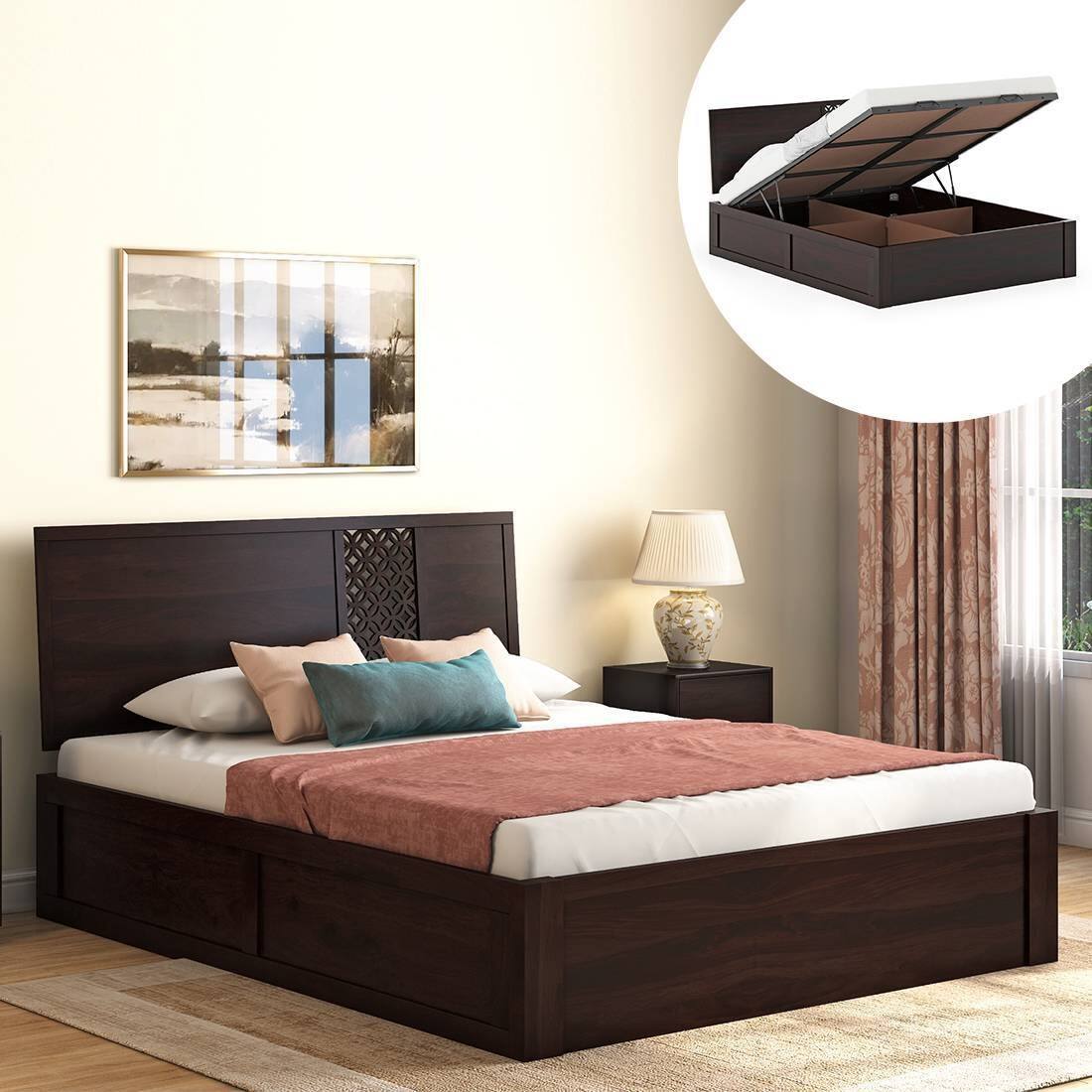 Alaca Solid Wood Queen Size Bed With Hydraulic Storage (Mahogany Finish) - Urban Ladder