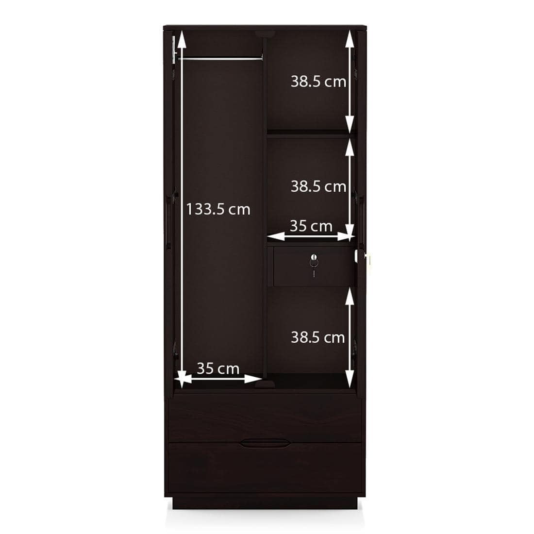 Zephyr Solid Wood 2 Door Wardrobe in Mahogany Finish