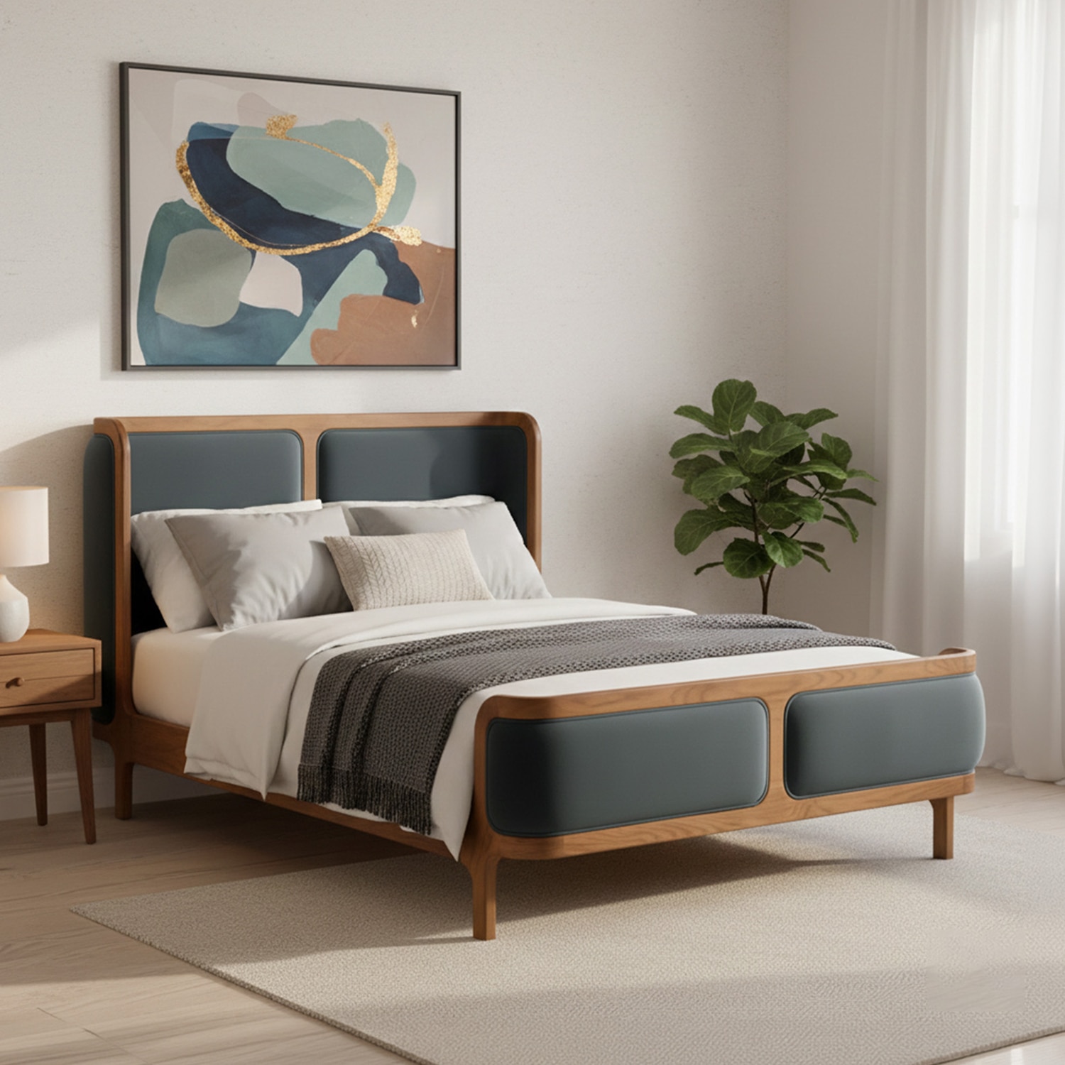 Valerio Duo-Panel Luxe Queen Size Bed in Grey Blue colour Velvet with Oak wood Frame - Nestroots