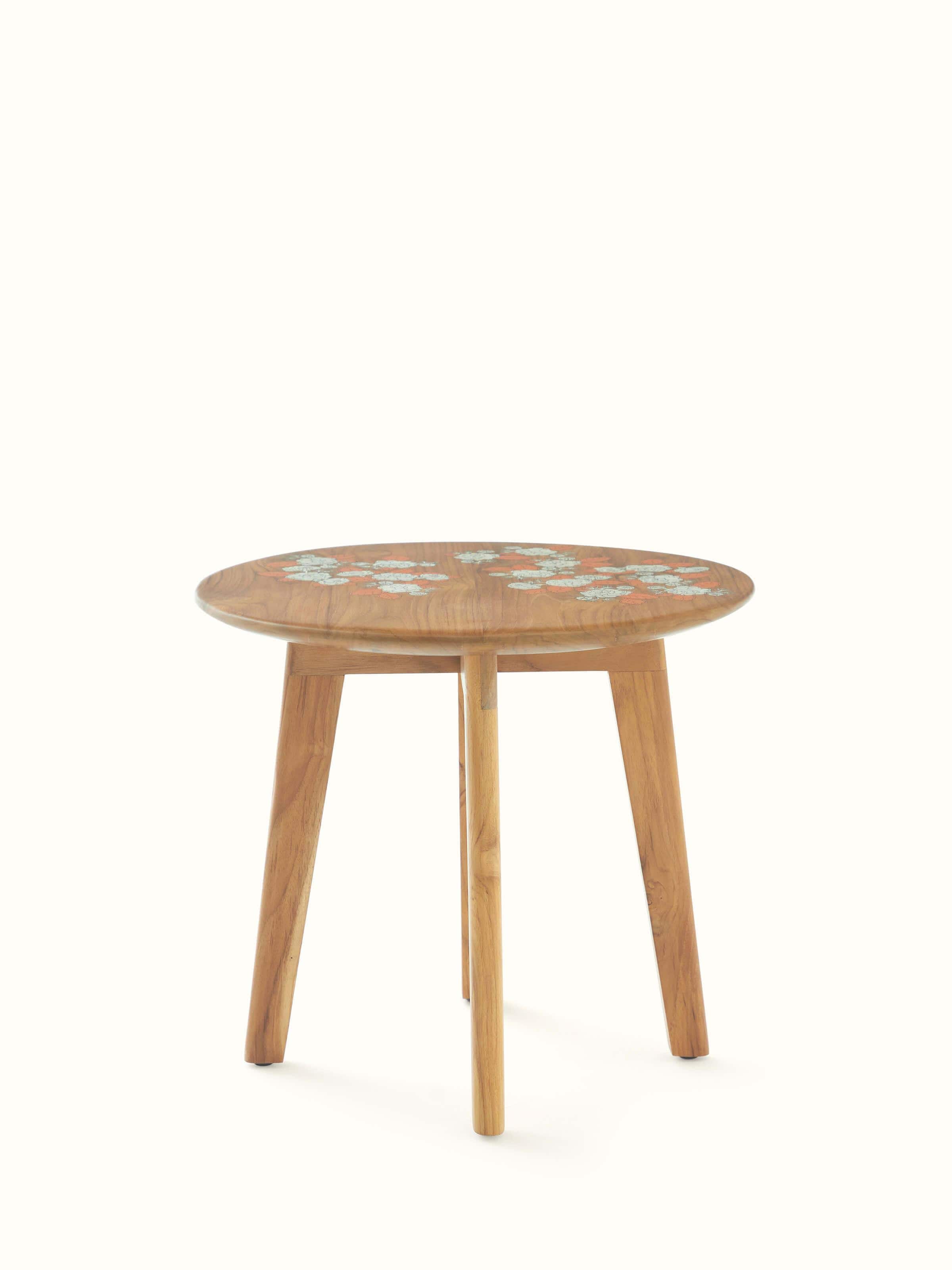 Front view of Teak Wood Pattachitra Round Side Table showcasing the intricate artwork