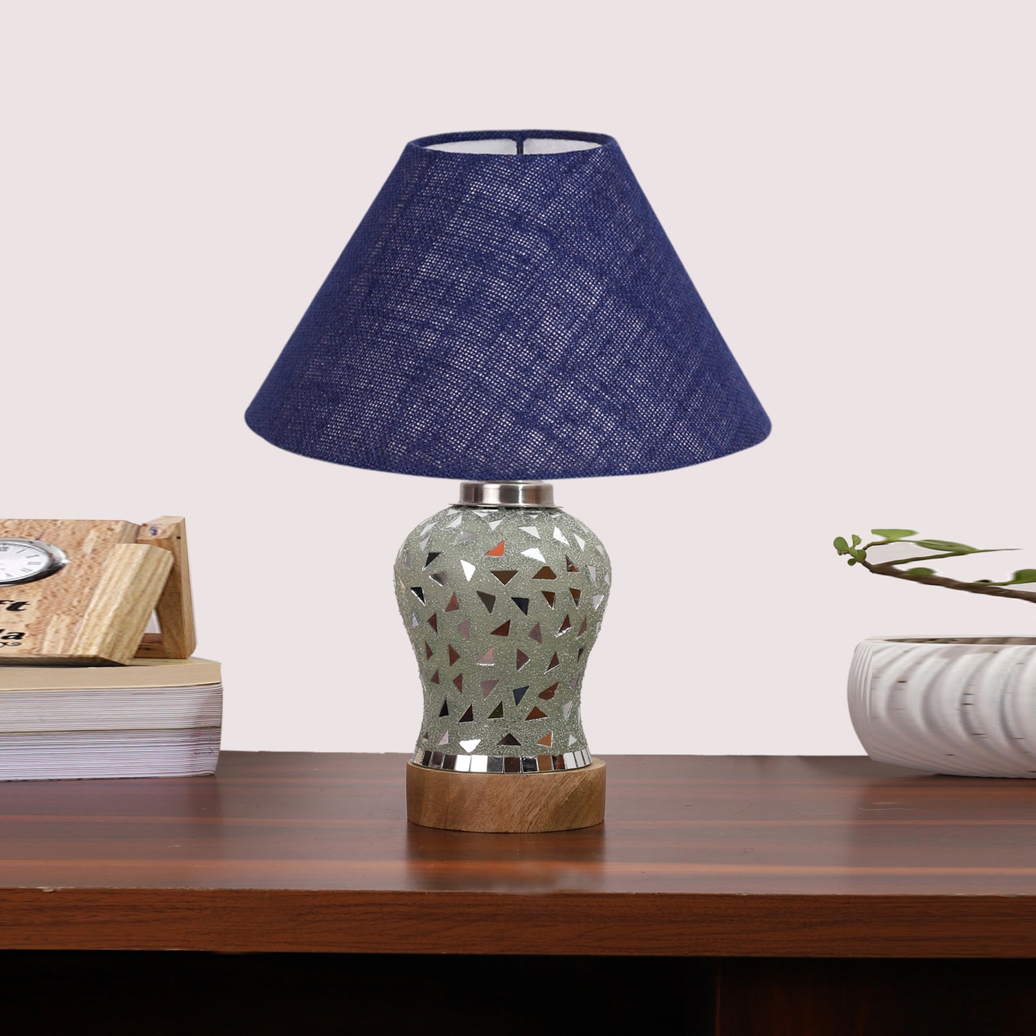 Devansh Conical Blue Jute Shade Lamp With Wood & Mosaic Glass Base For Decoration/Office/Home/Gifting/Study For Decoration/Office/Home/Gifting/Study -(10X10X14.5) Inches -A