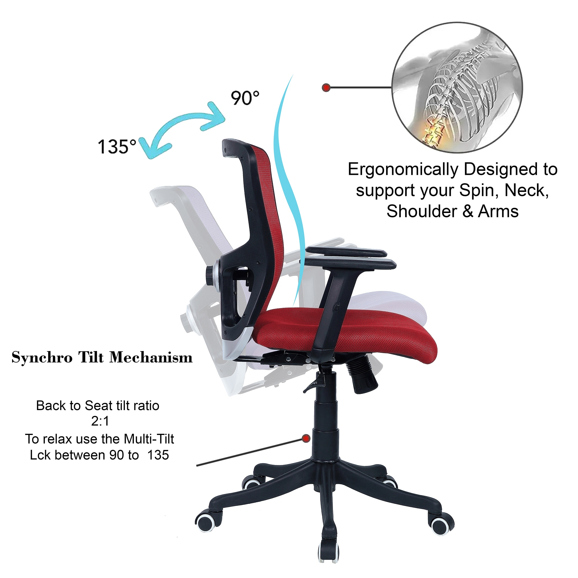 Peacifice Mid Back Ergonomic Chair in Red Colour