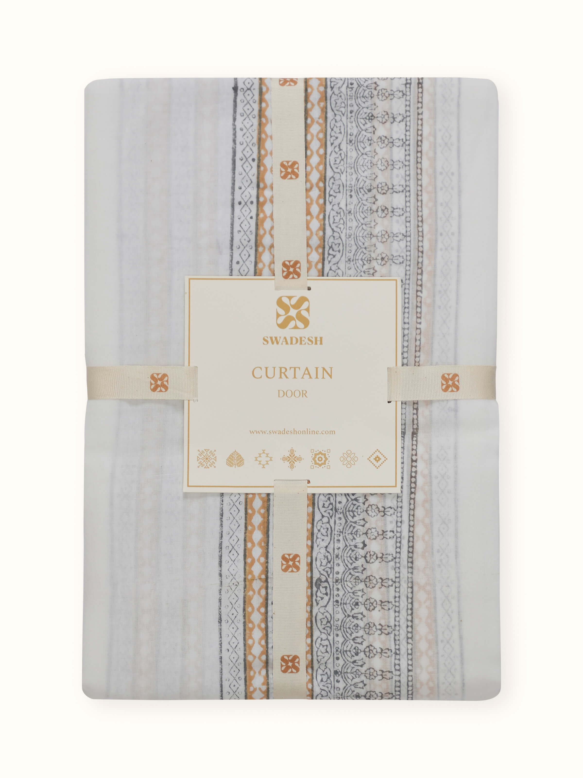 Sanganeri hand block print grey block stripe sheer curtain 7 ft, detailed stitching view